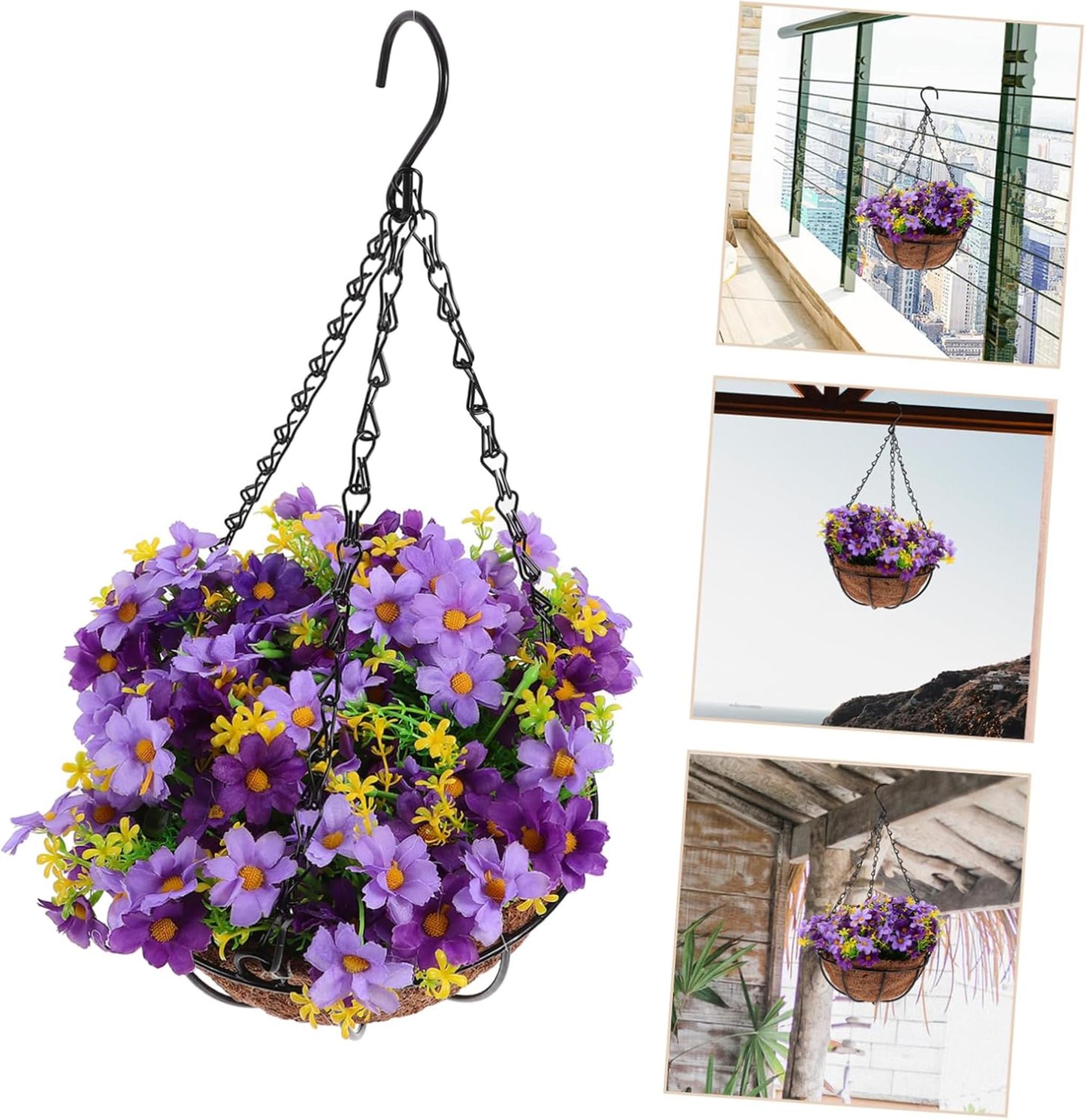 Outdoor Hanging Basket with Purple Artificial Flowers and Durable Iron Pot