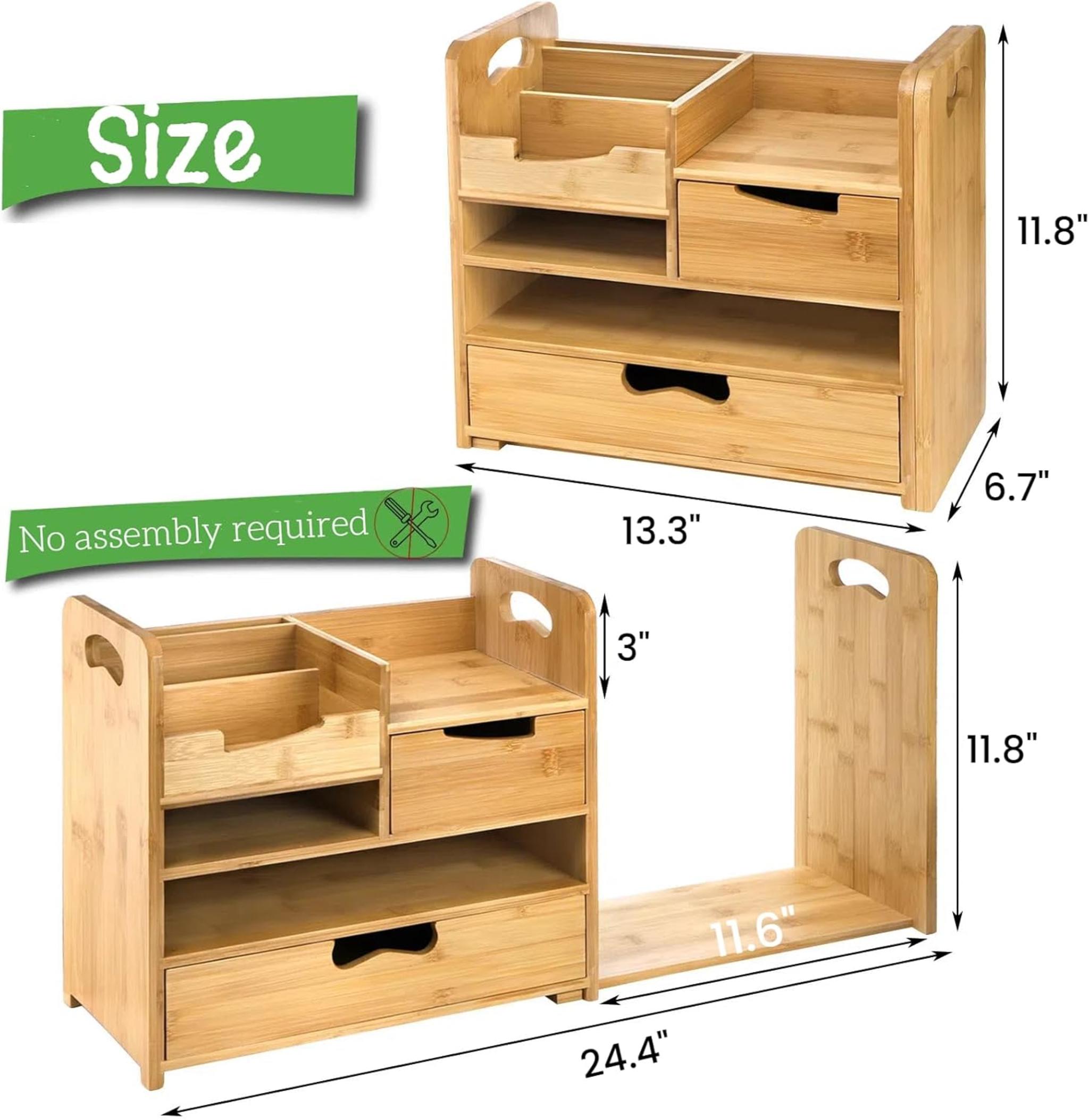 Adjustable Bamboo Desk Organizer with File Holder, 4-Tier Desktop Storage with 2 Drawers