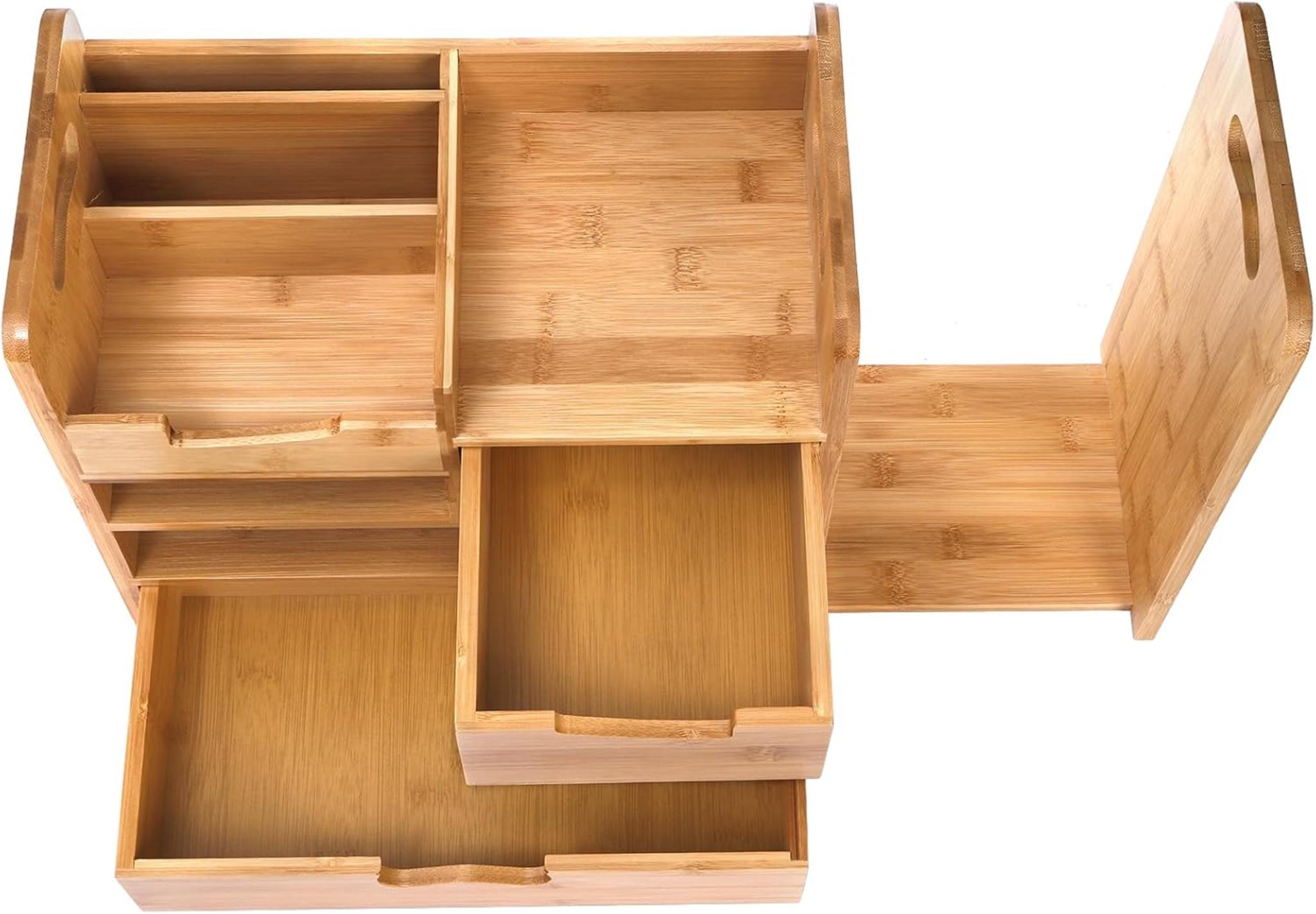 Adjustable Bamboo Desk Organizer with File Holder, 4-Tier Desktop Storage with 2 Drawers