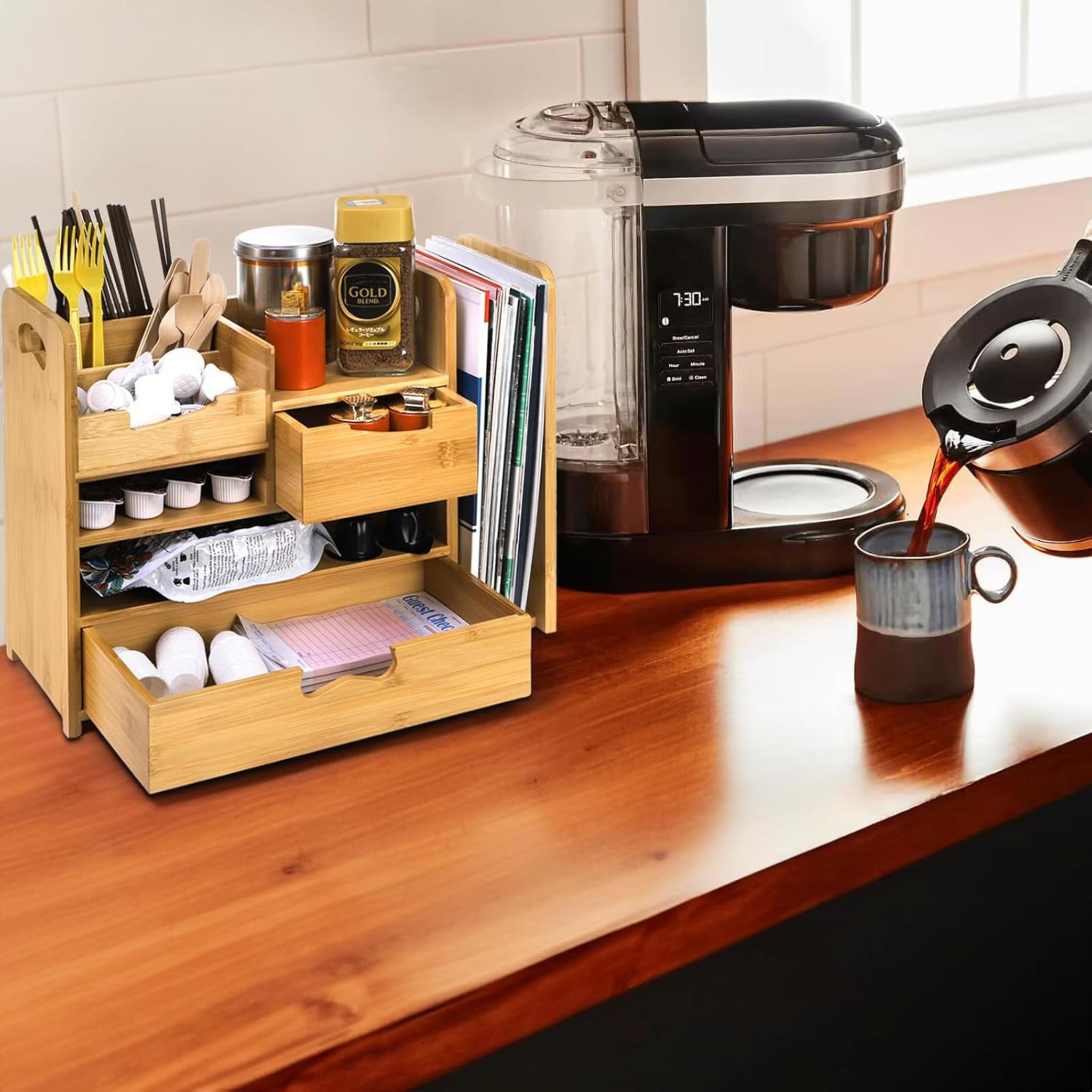 Adjustable Bamboo Desk Organizer with File Holder, 4-Tier Desktop Storage with 2 Drawers