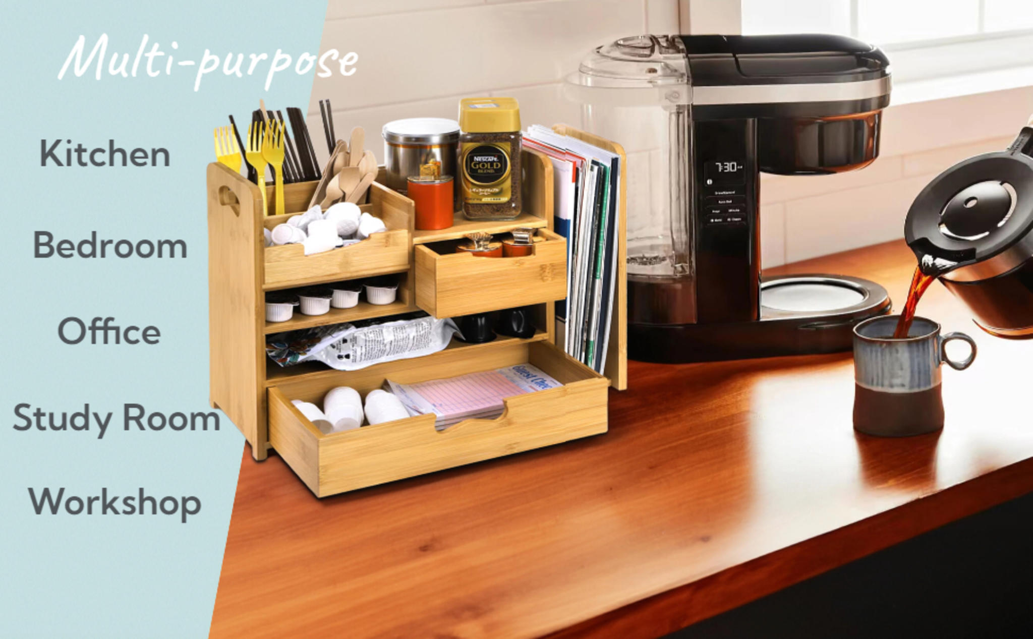 Adjustable Bamboo Desk Organizer with File Holder, 4-Tier Desktop Storage with 2 Drawers image 12