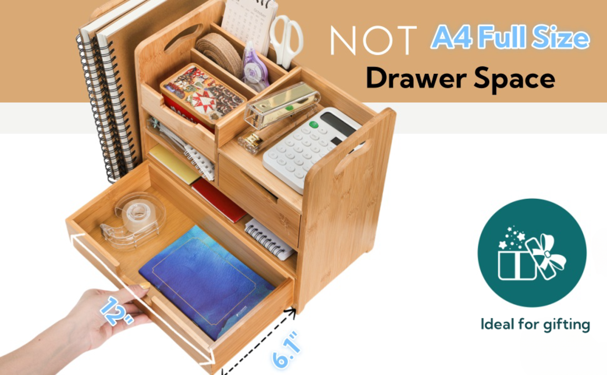 Adjustable Bamboo Desk Organizer with File Holder, 4-Tier Desktop Storage with 2 Drawers image 13