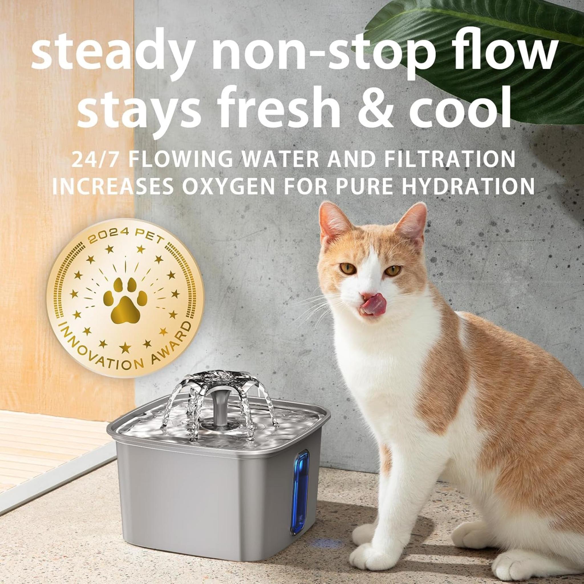 Stainless Steel Cat Water Fountain, 108oz/3.2L Automatic Pet Dispenser with 6 Filters & Mat