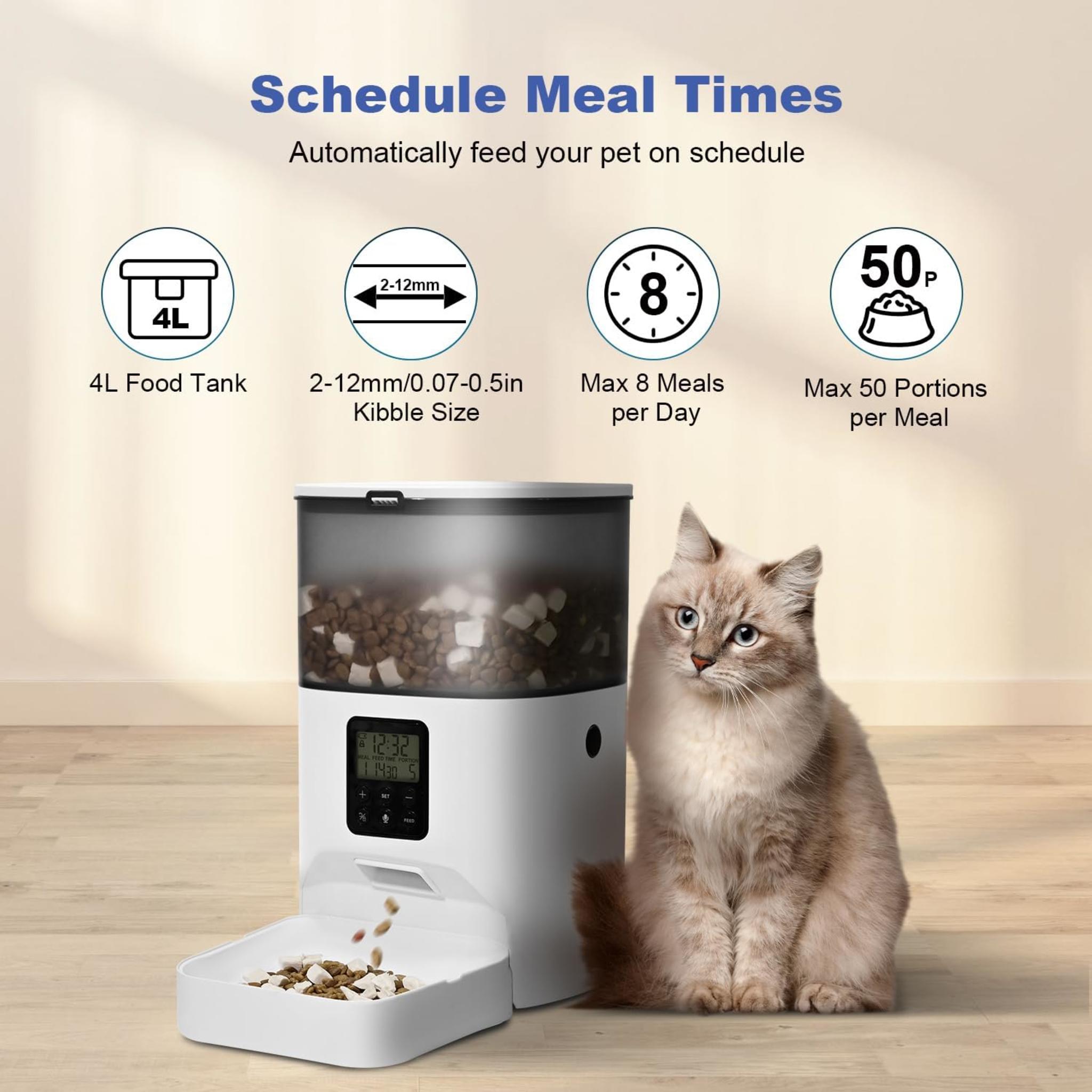Automatic Cat Feeder with 10s Voice Recorder, 4L Timed Pet Food Dispenser for 8 Meals Daily
