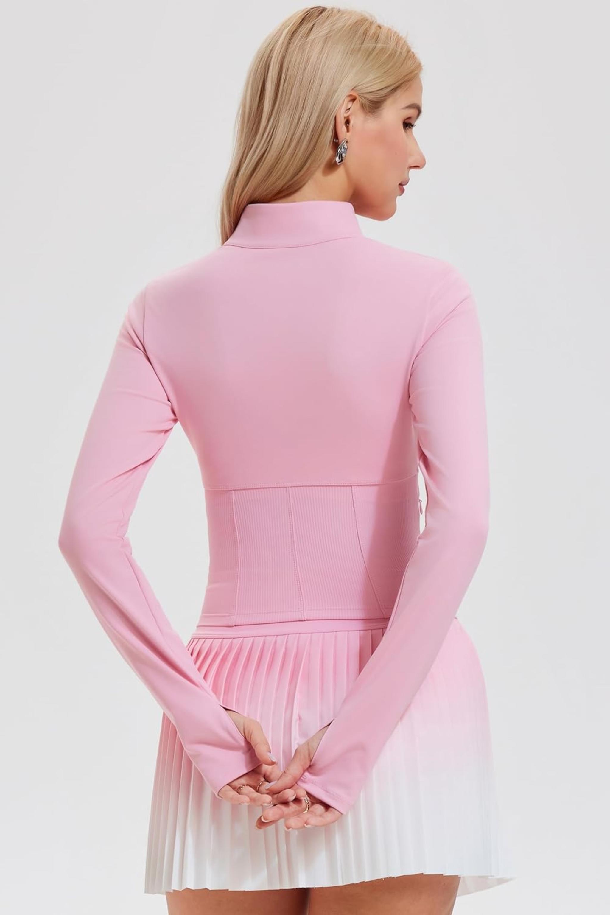 Women's Two Piece Tennis Skirts Set - Long Sleeve Zip Up Jacket & Pleated Skirt
