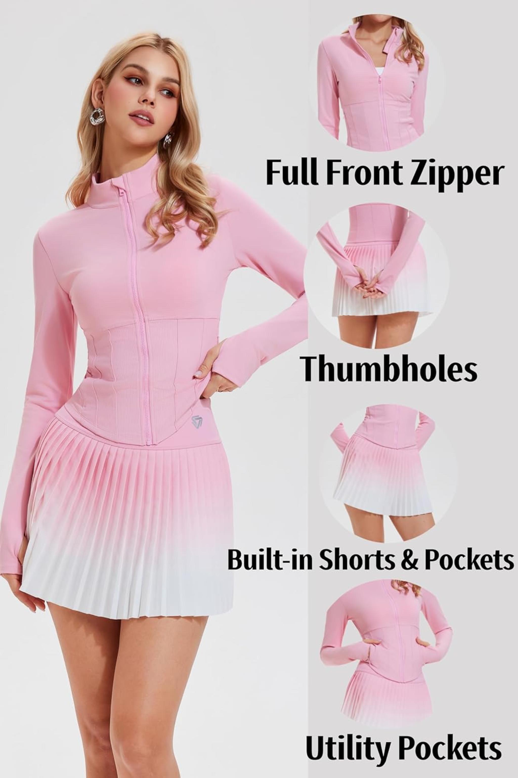 Women's Two Piece Tennis Skirts Set - Long Sleeve Zip Up Jacket & Pleated Skirt