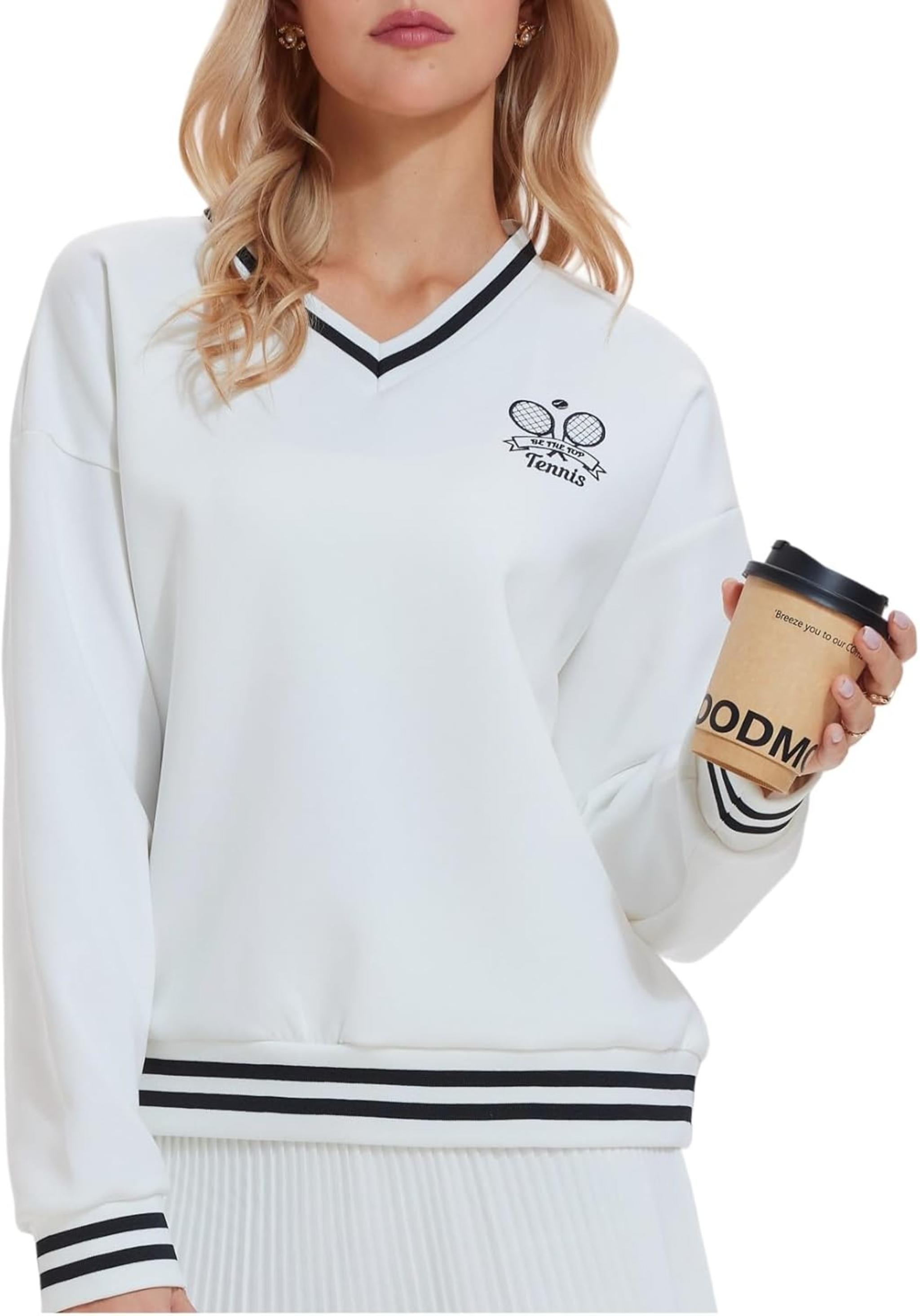 Women's V Neck Sweatshirt Loose Fit Soft Long Sleeve Pullover Preppy Style Top
