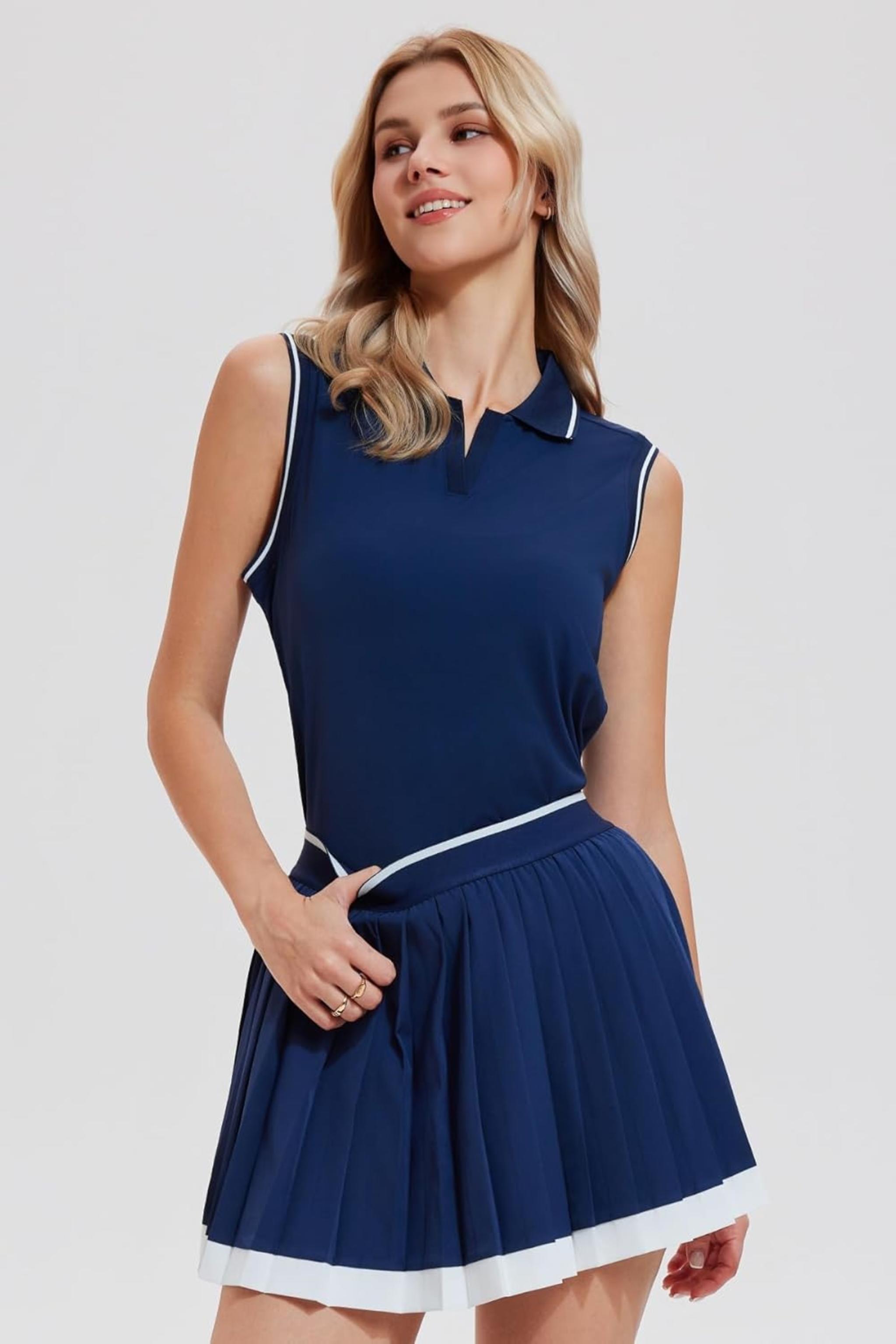 Women's Tennis Polo Top and Color Blocked Pleated Athletic Dress