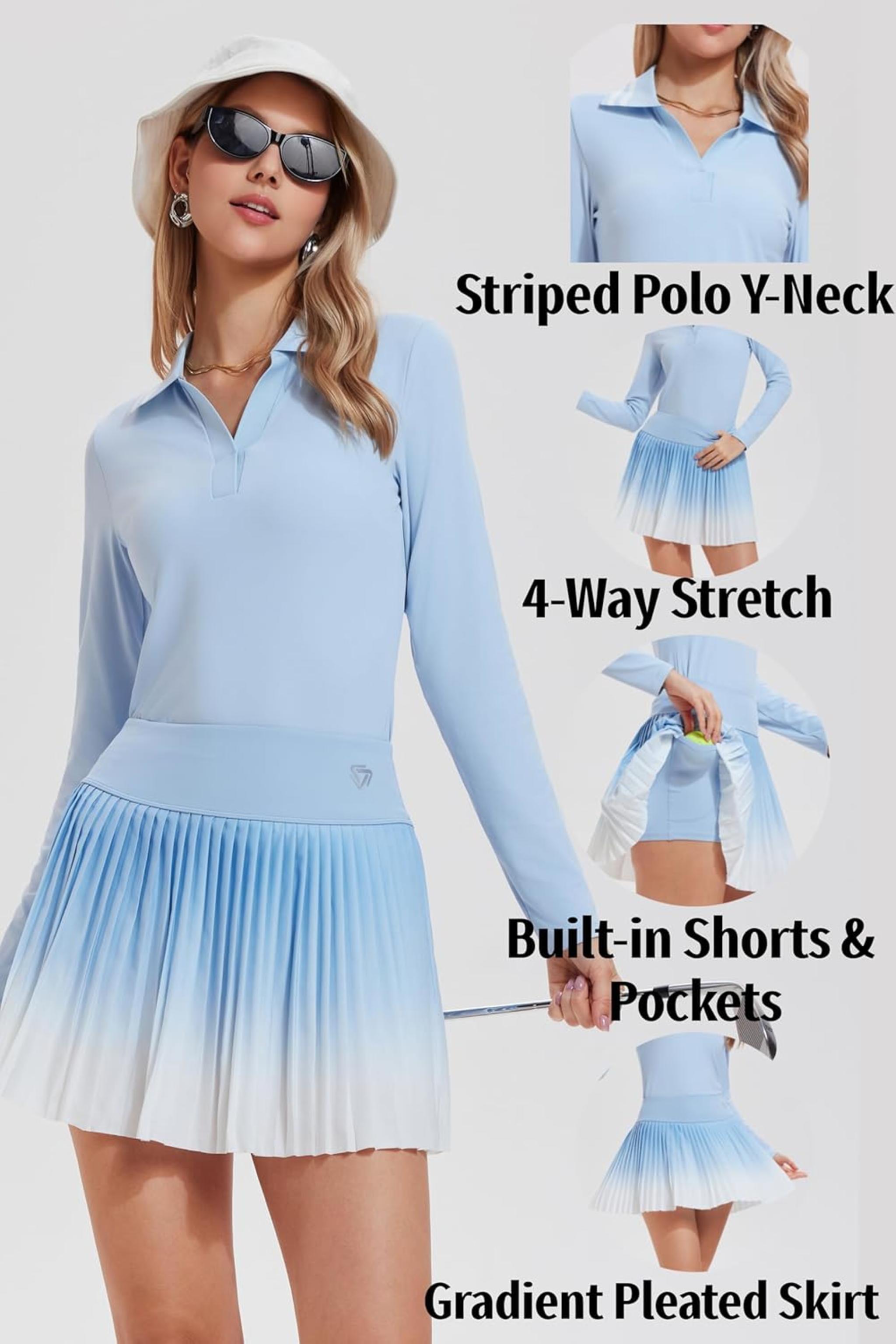 Women's 2 Piece Pleated Tennis and Pickleball Skirt Set with Polo Shirt