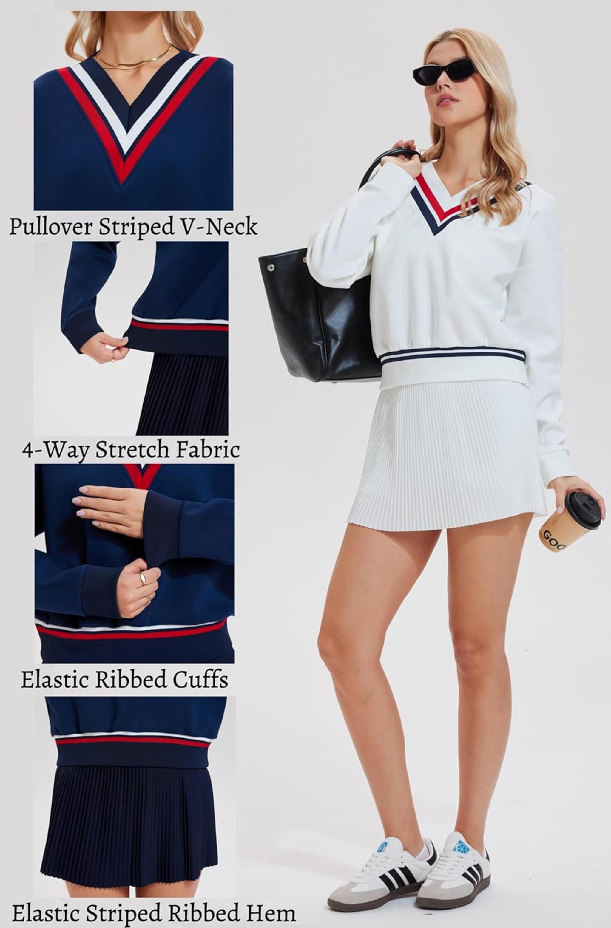 Women's Two Piece Tennis and Golf Set - Long Sleeve Sweatshirt and Athletic Skirt
