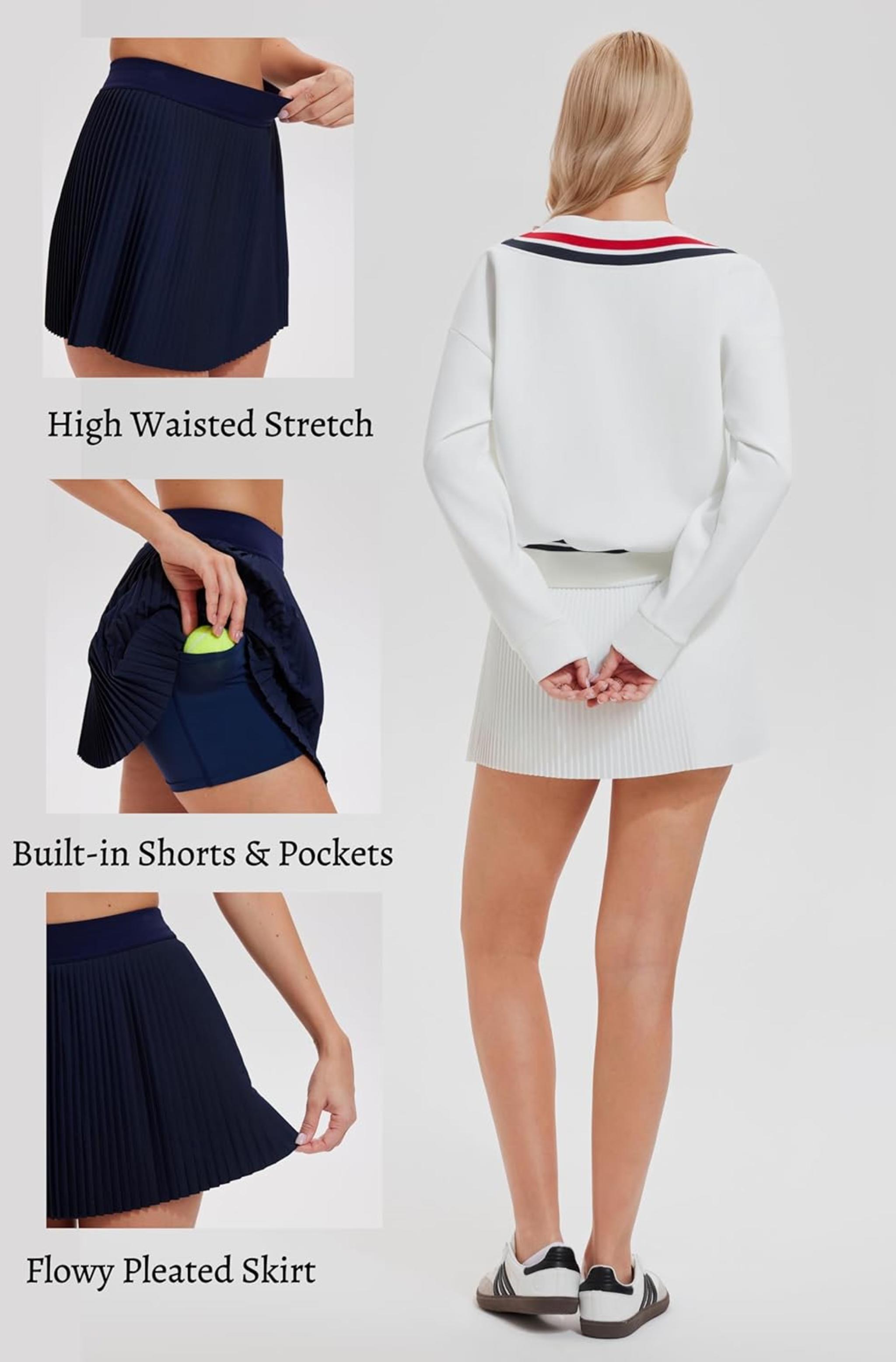 Women's Two Piece Tennis and Golf Set - Long Sleeve Sweatshirt and Athletic Skirt