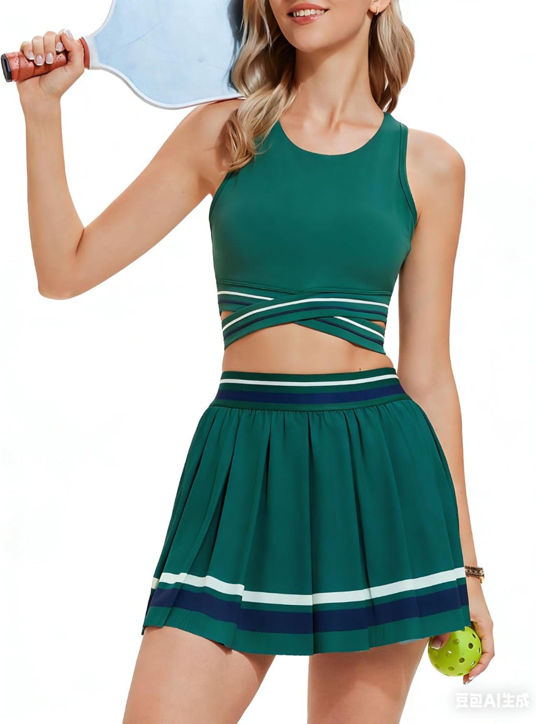 Women's 2 Piece Tennis Skirt Set - High Waisted Pleated Skirt and Crop Top Athletic Outfit