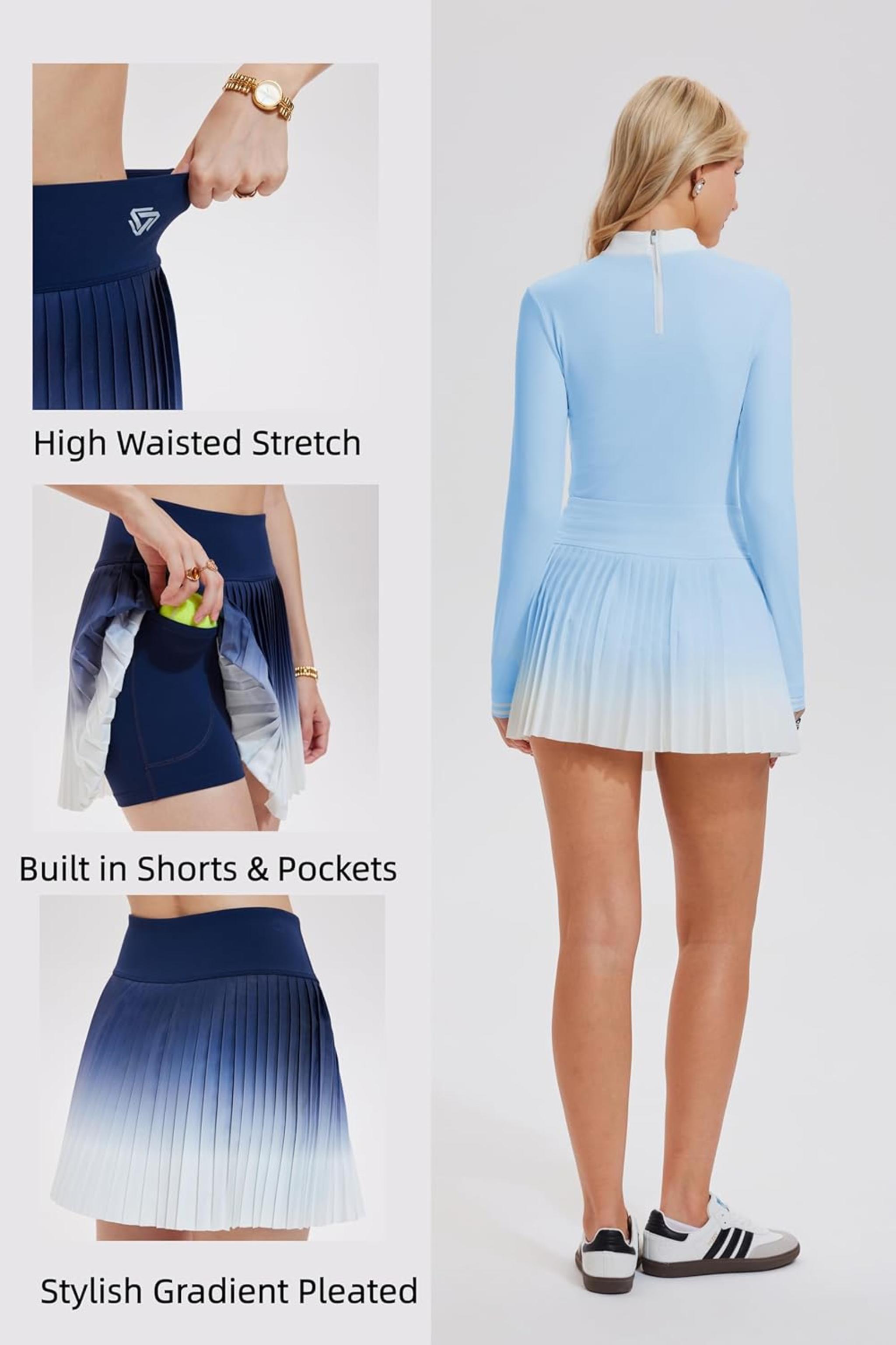Women's Two Piece Tennis Skirt Set with Long Sleeve Zipper Back Top