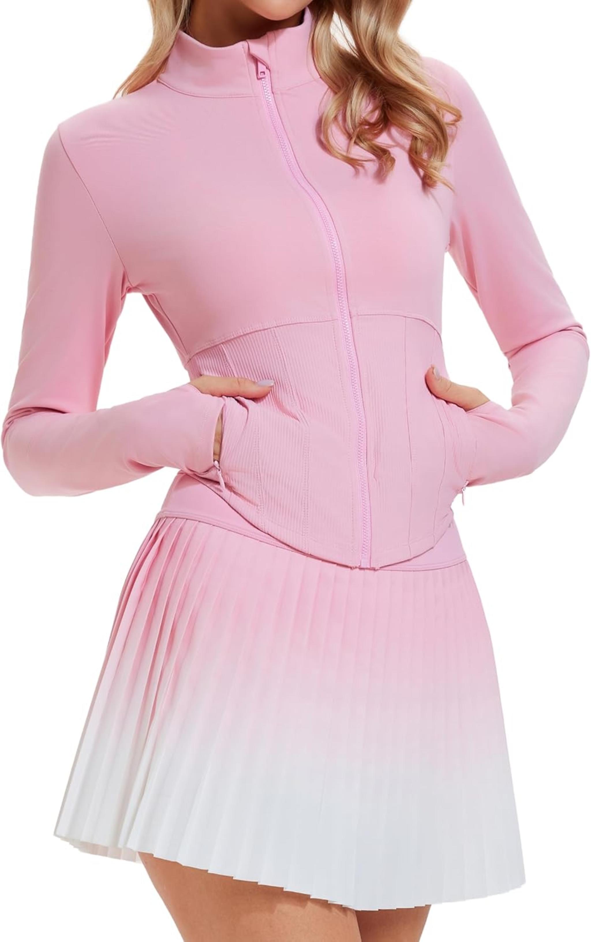 Two Piece Tennis Skirts Set for Women - Long Sleeve Zip Up Jacket with Pleated Mini Skirt