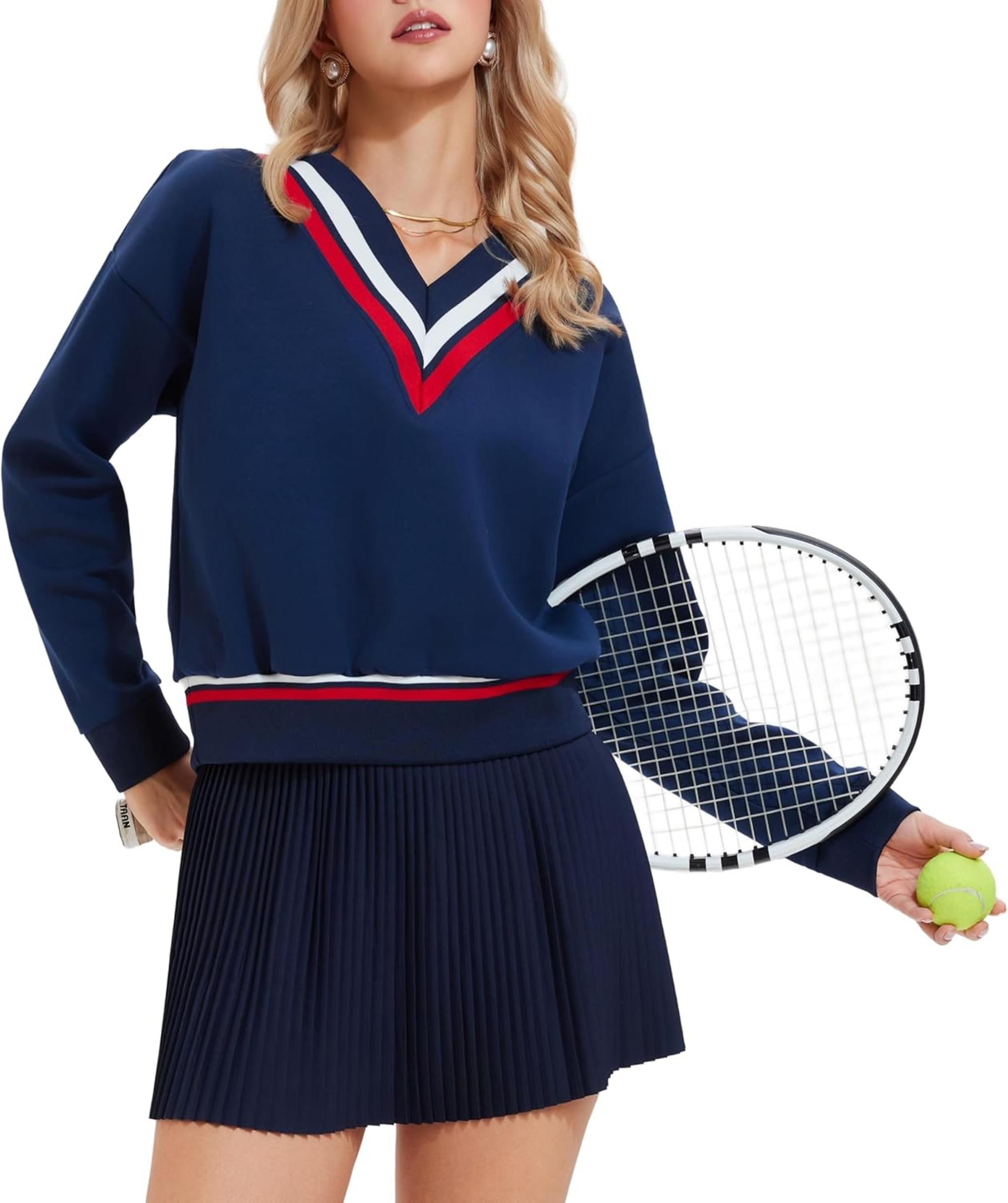 Two Piece Tennis Sets for Women - Casual Sweatshirt and Athletic Skirt Outfits