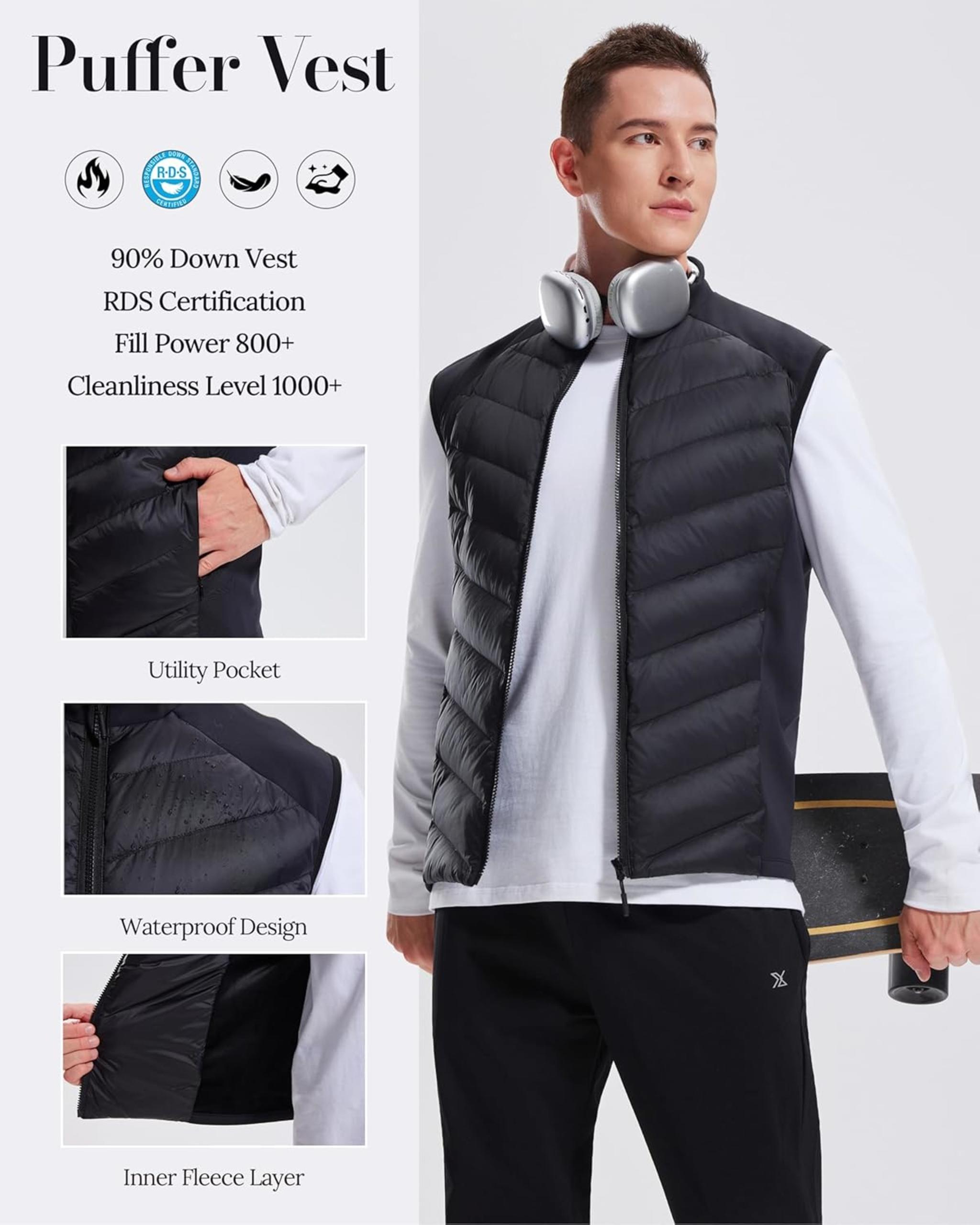Men's Lightweight 800FP Winter Down Puffer Vest - Water Resistant Sleeveless Jacket