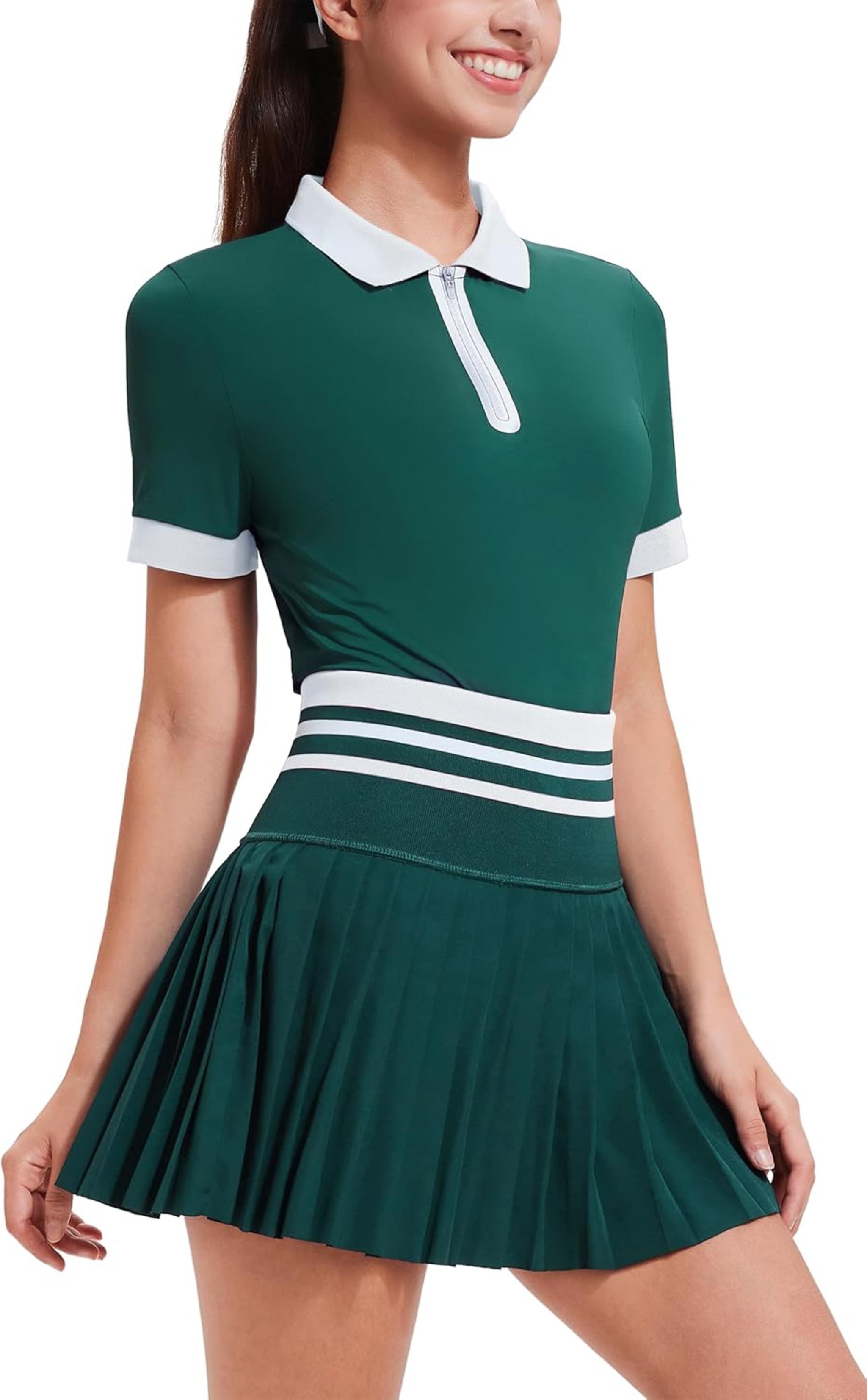 Women's Zipper Color Block Tennis Skirt Set - High Waisted Golf Polo Two Piece Outfit