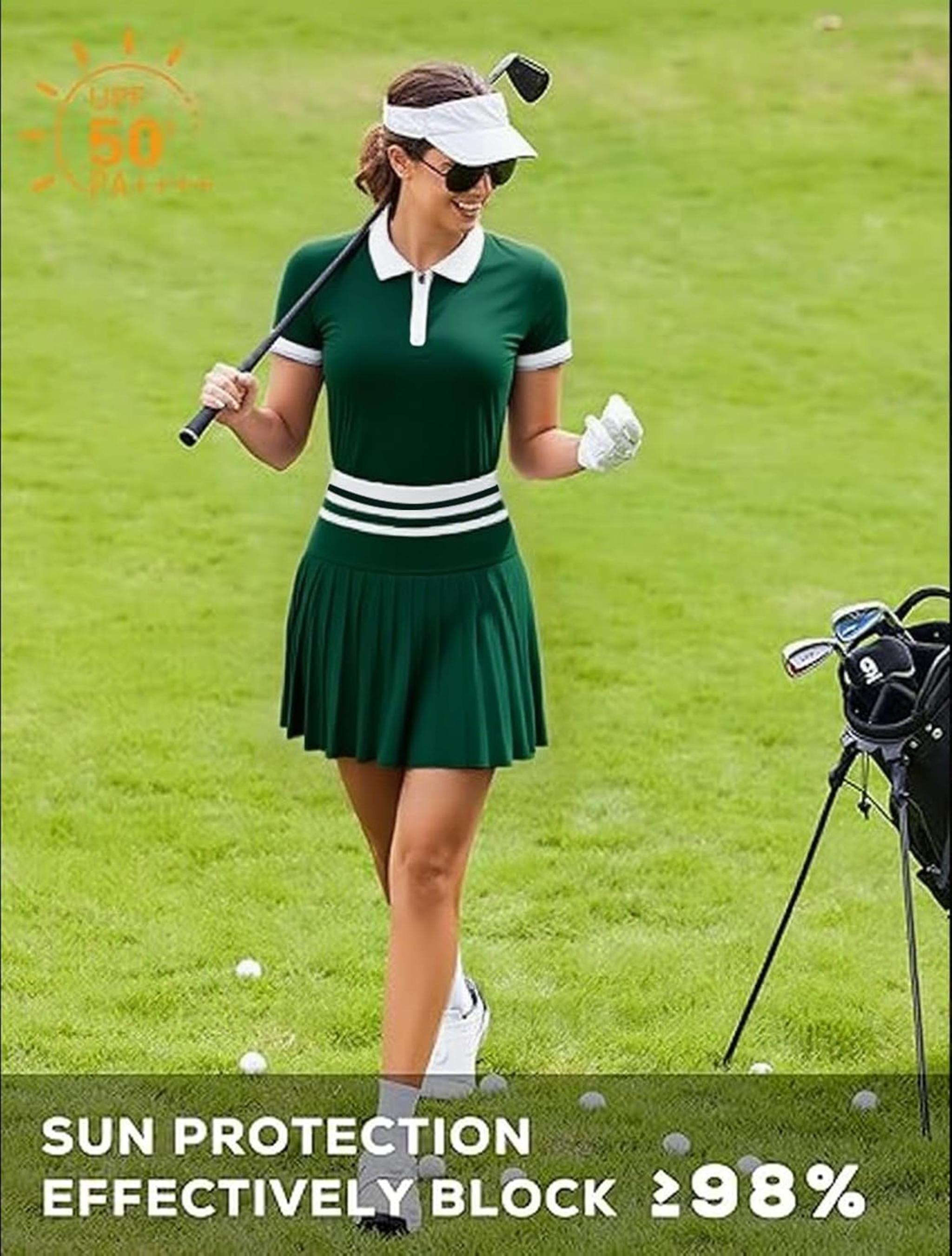Women's Zipper Color Block Tennis Skirt Set - High Waisted Golf Polo Two Piece Outfit