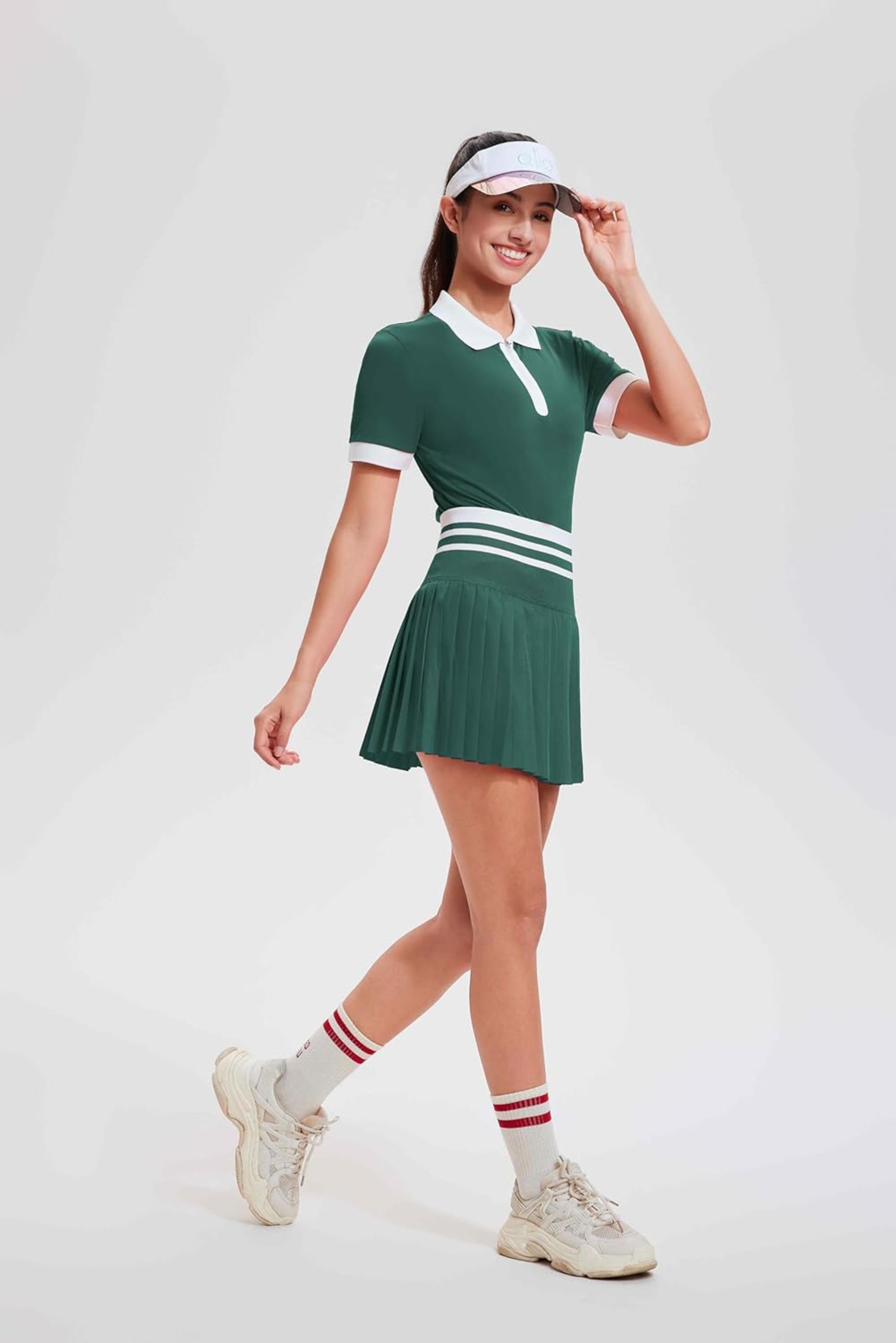 Women's Zipper Color Block Tennis Skirt Set - High Waisted Golf Polo Two Piece Outfit