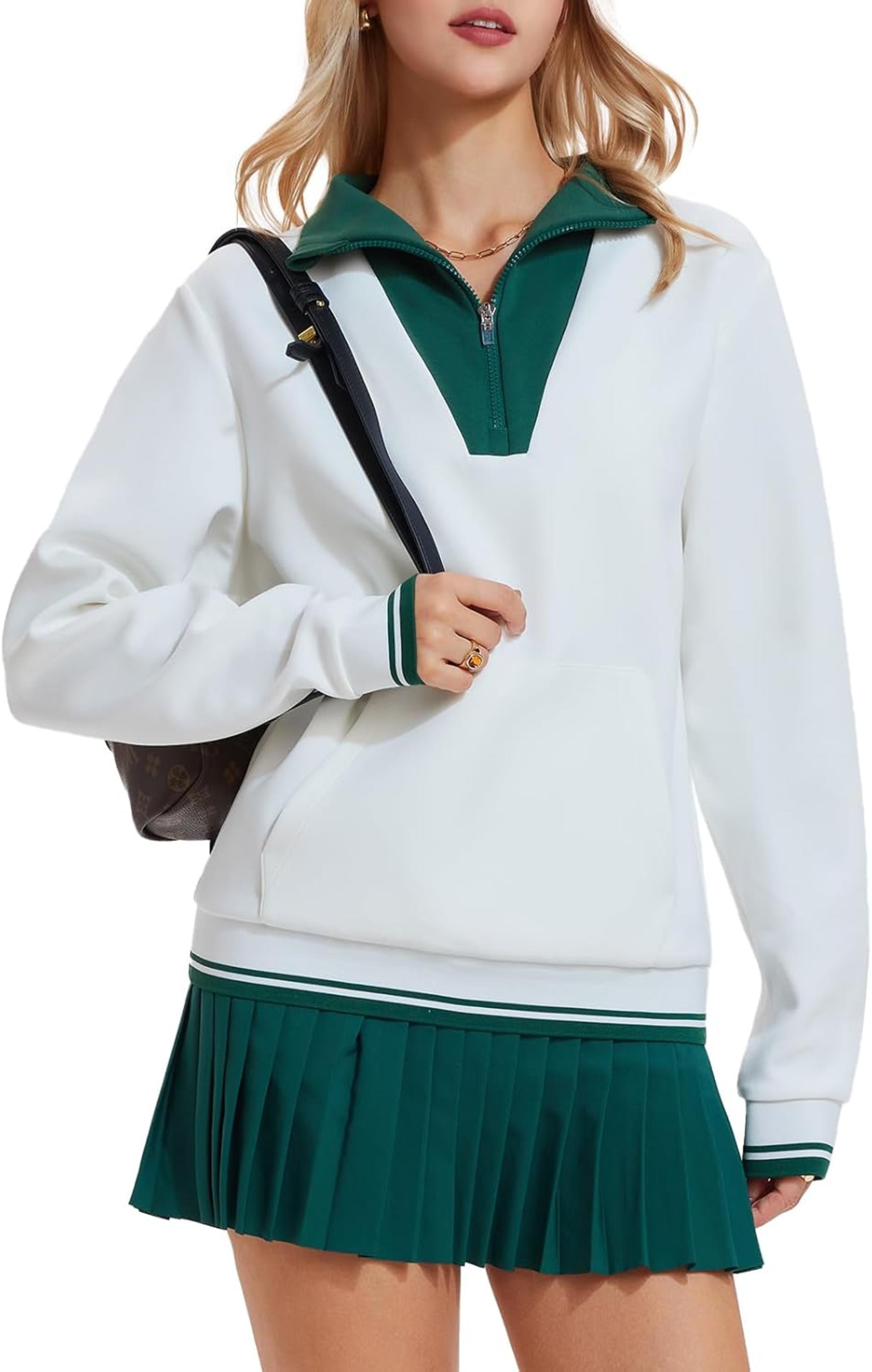 Women's Two Piece Tennis Skirt Set - Half Zip Oversize Pullover Sweatshirt with Pockets