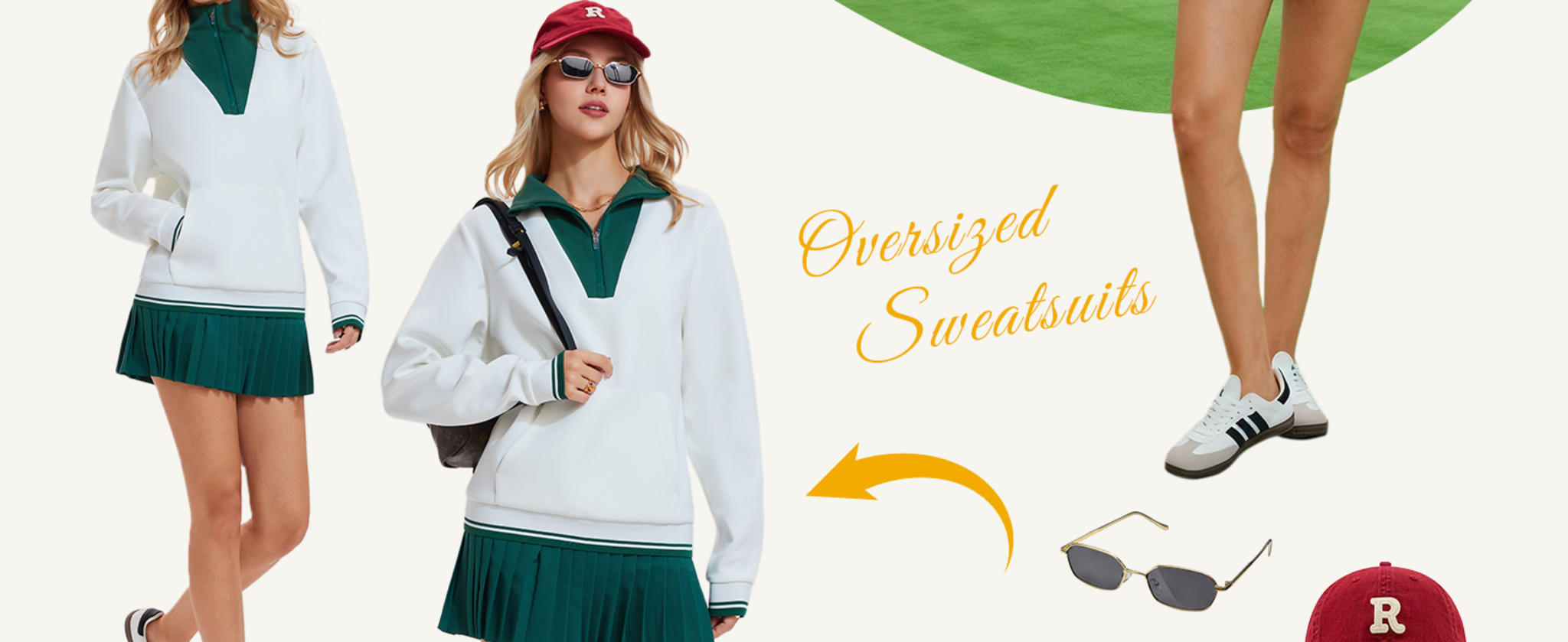 Women's Two Piece Tennis Skirt Set with Half Zip Oversize Pullover image 11