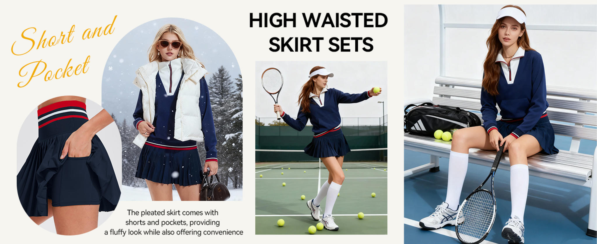 Women's Two Piece Tennis Skirt Set with Half Zip Oversize Pullover image 14