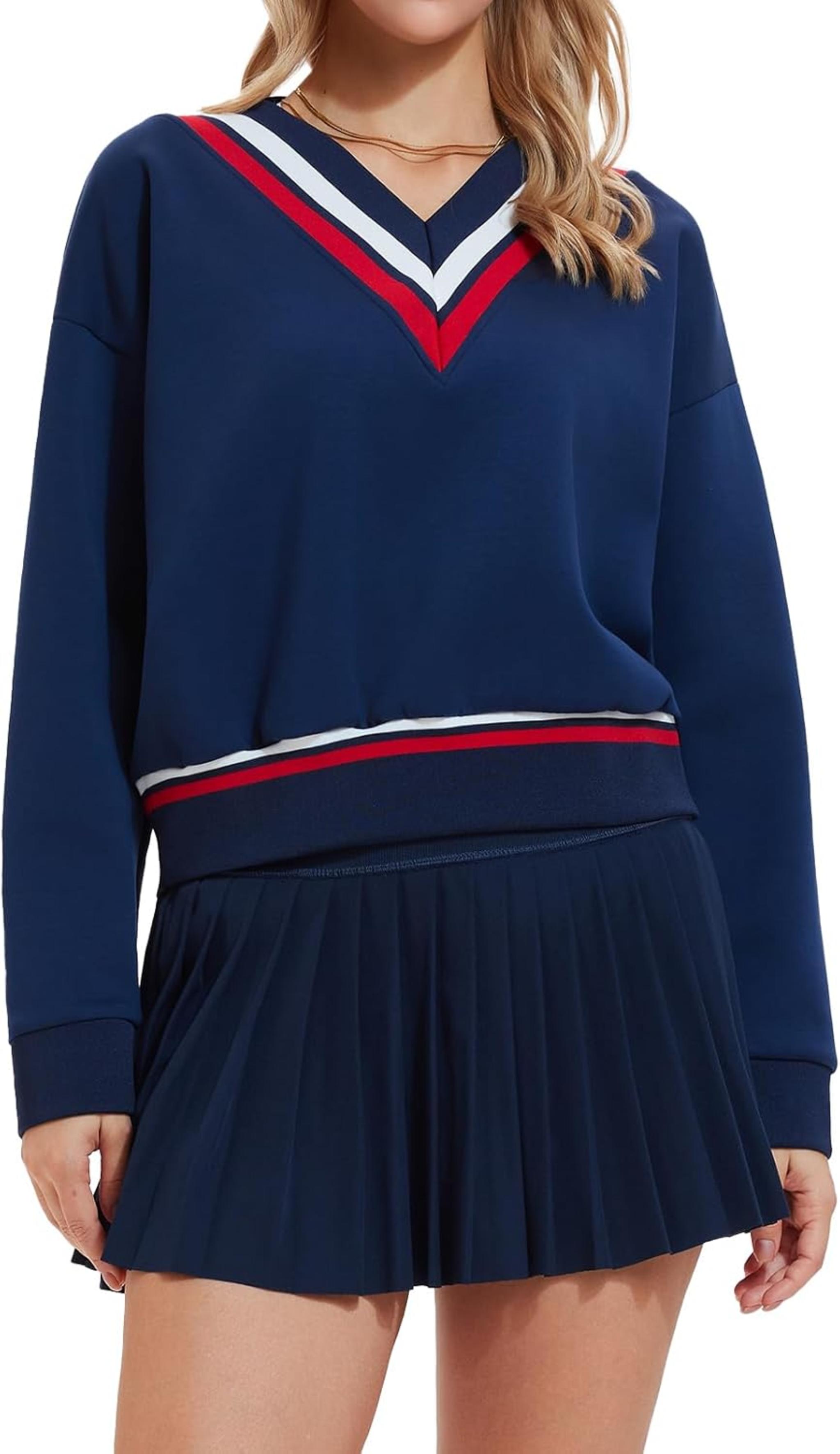Women's 2 Piece Color Block Sweatsuit - V-Neck Sweatshirt & High Waisted Skirt Set