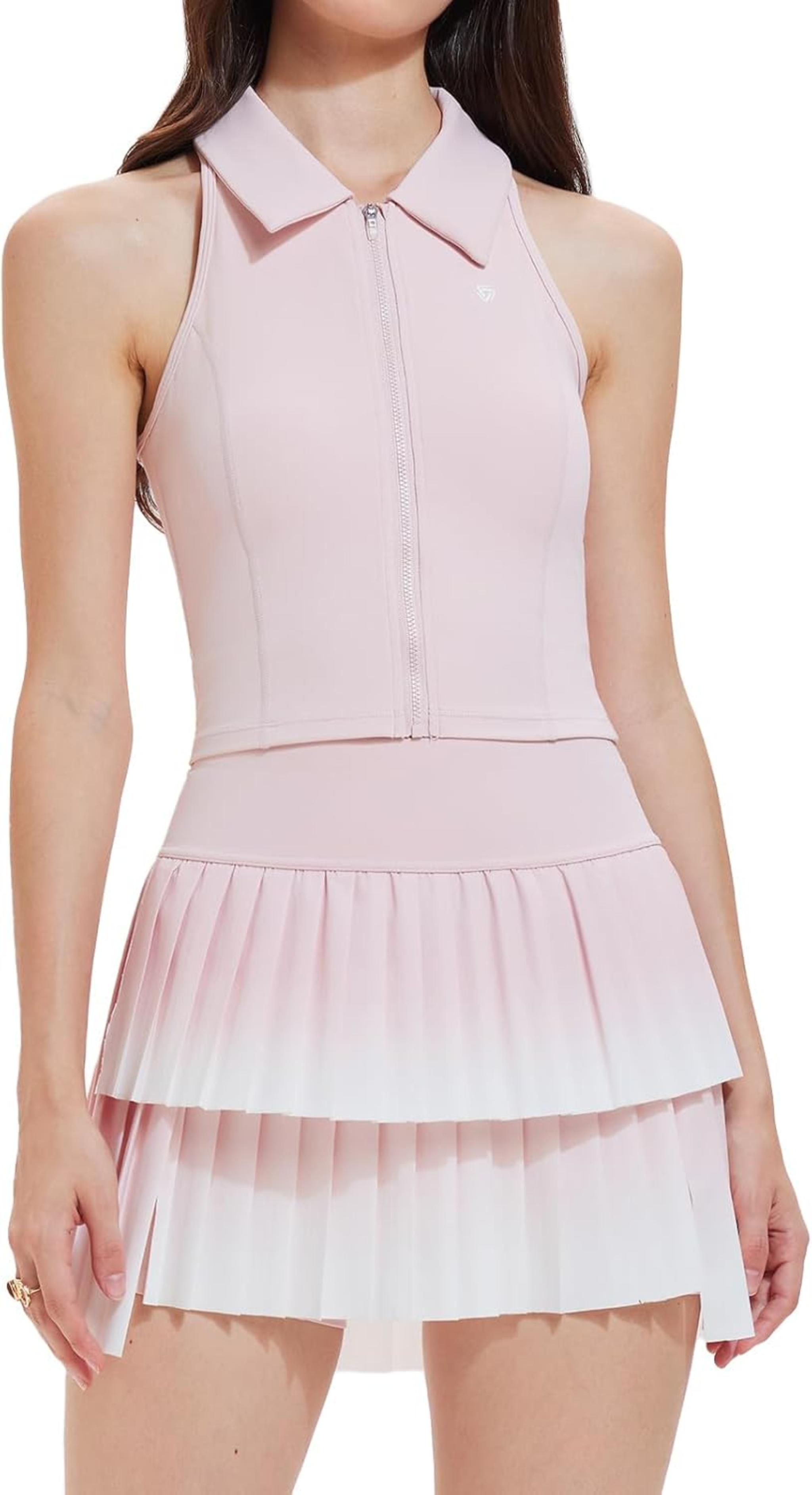 Women's Two Piece Tennis Skirt Set - Double Ruffle Pleated Golf & Pickleball Outfits with Pockets