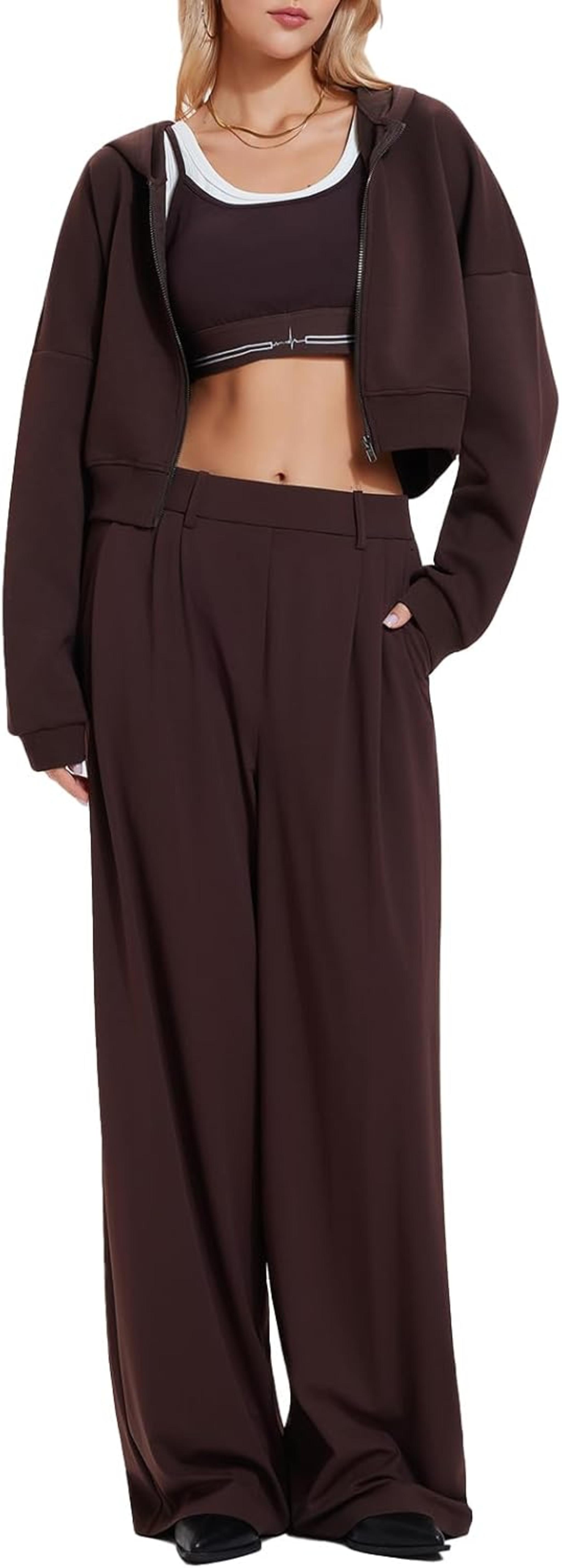Tall Women's 2 Piece Lounge Set - Cropped Hoodie and Wide Leg Pants Travel Outfit