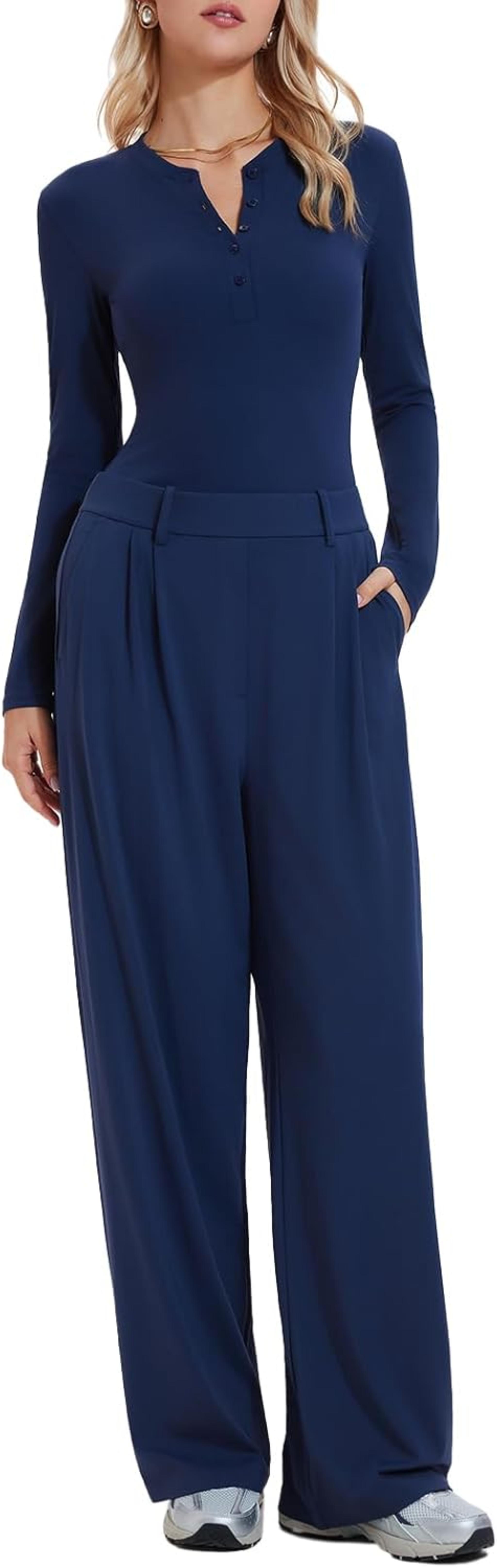 Women's 2 Piece Matching Lounge Set - Long Sleeve Henley Top and Wide Leg Pants