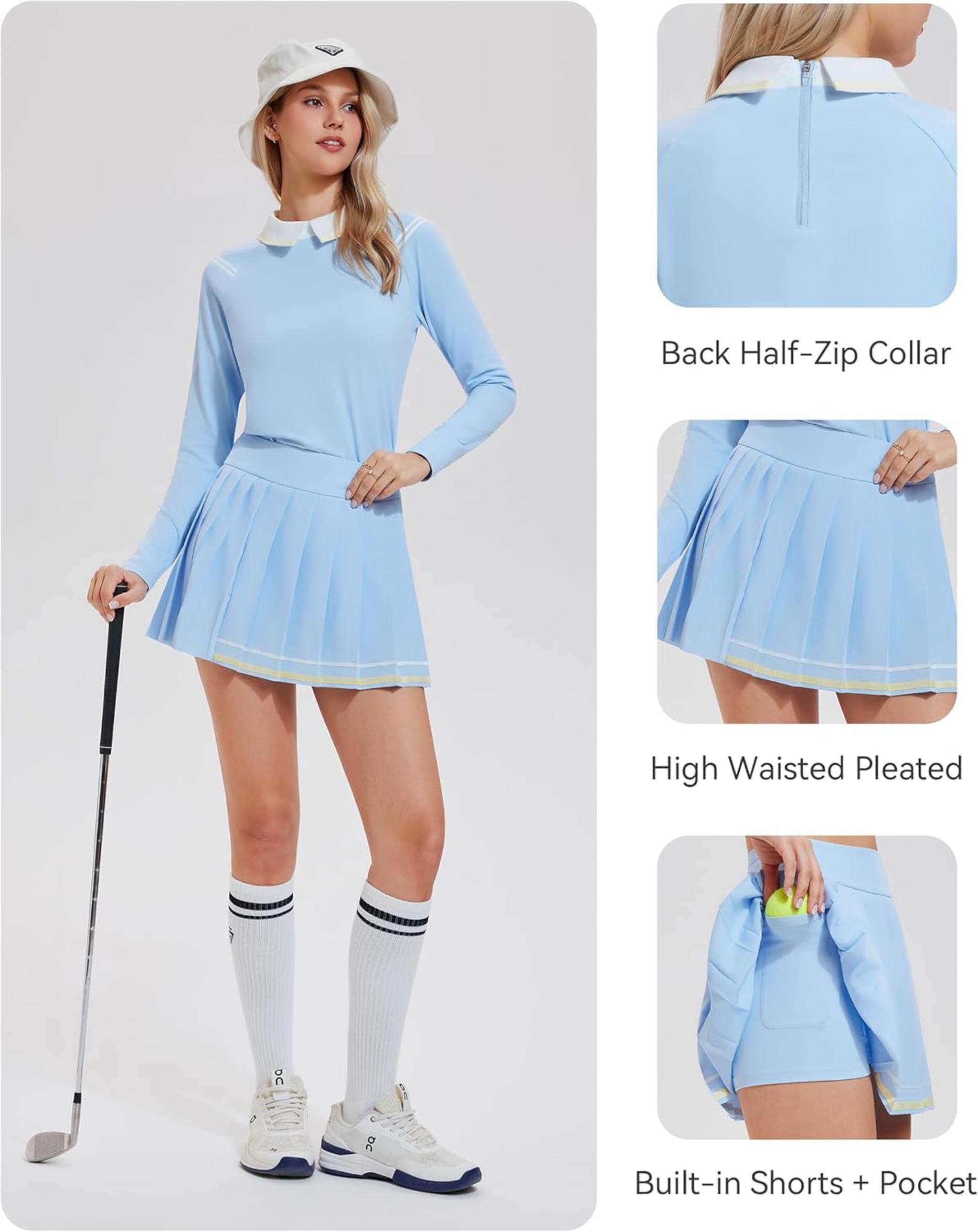 Women's Tennis Skirt Set - Collared Top & High Waisted Pleated Skort