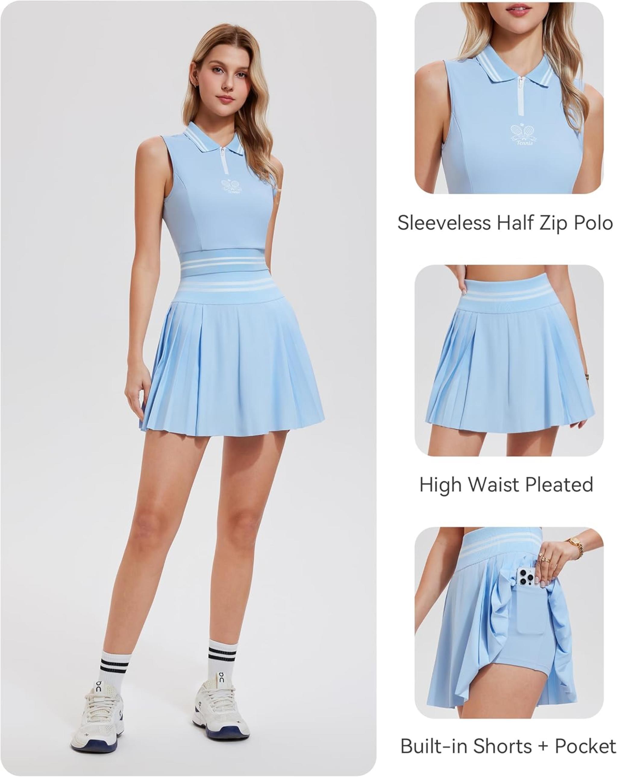 Women's 2 Piece Tennis Skirt Set with Sleeveless Polo and Pleated Skort