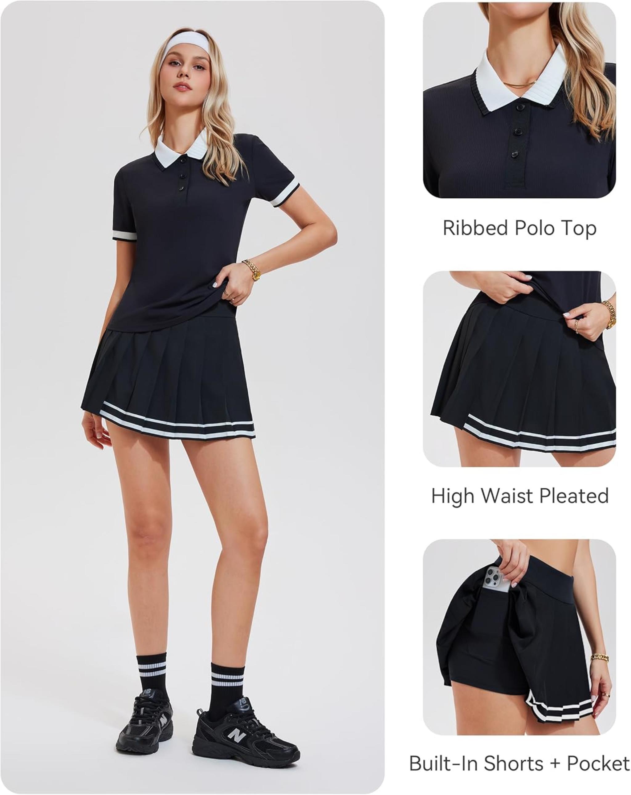 Women's 2 Piece Tennis Skirt Set with Ribbed Polo Top and Pleated Skort