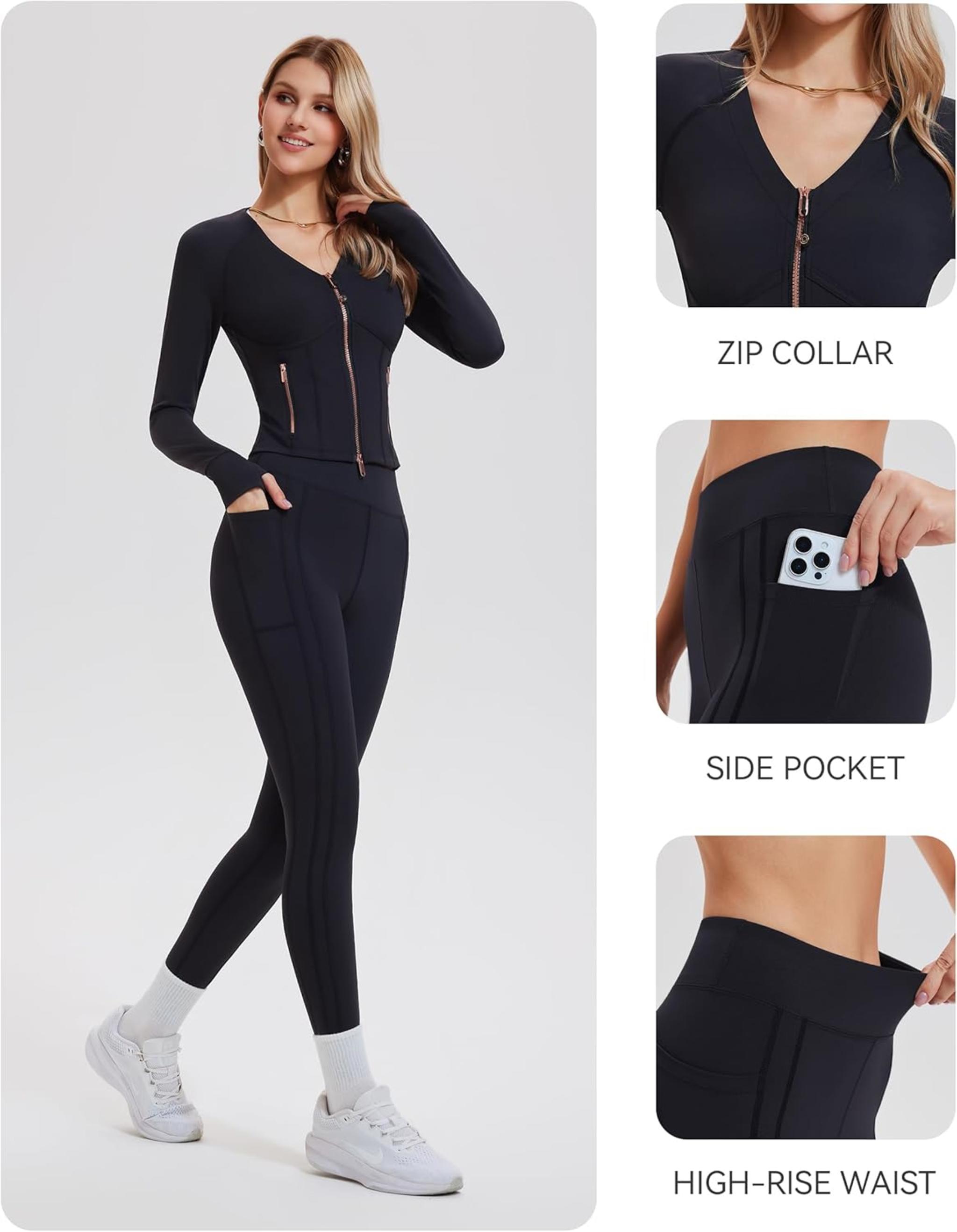 Women's 2 Piece Workout Set with Zip Up Jacket and High Waisted Leggings