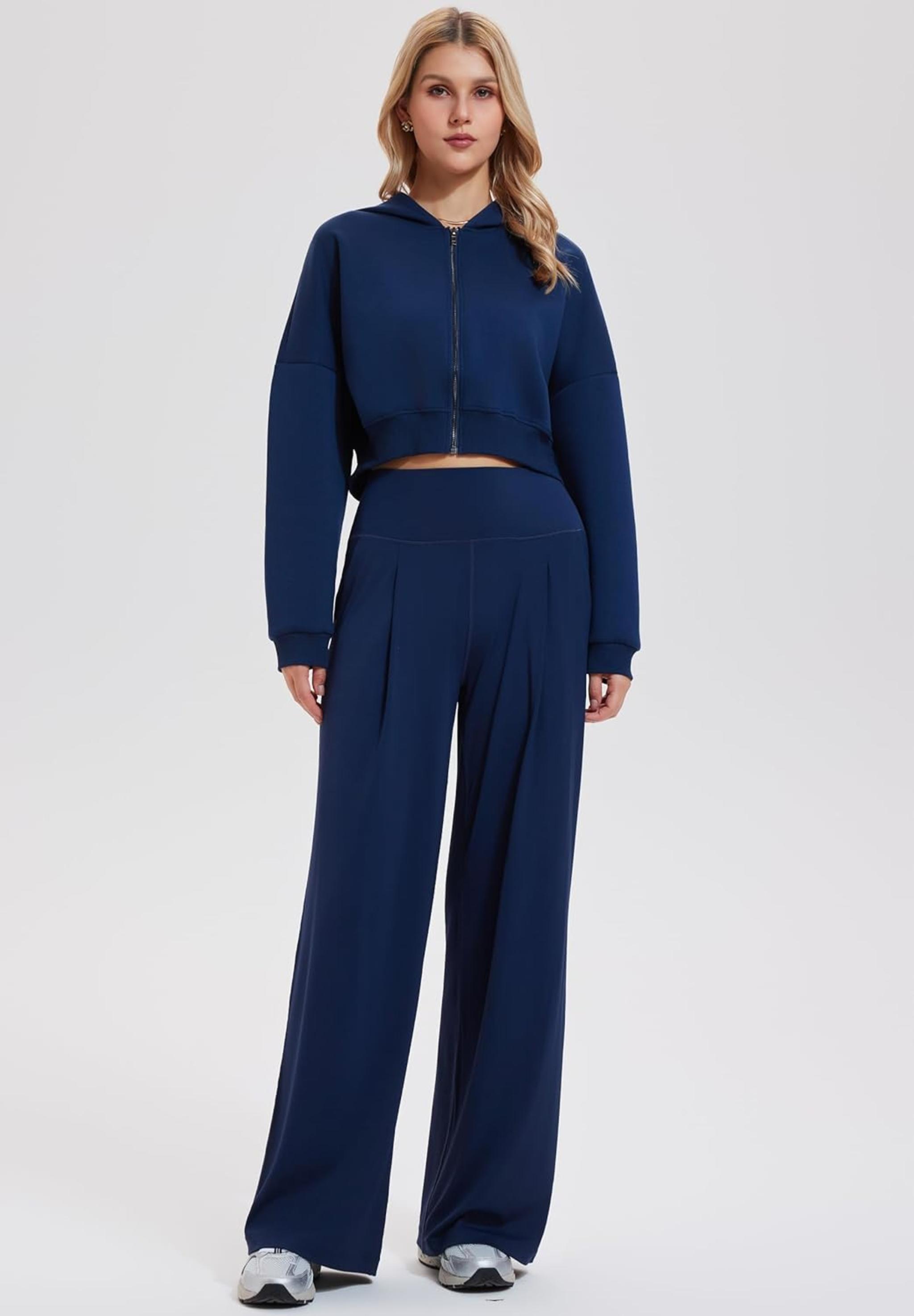 2 Piece Fall Travel Outfits for Women - Long Sleeve Zip Sweatsuit with High Waist Wide Leg Pants