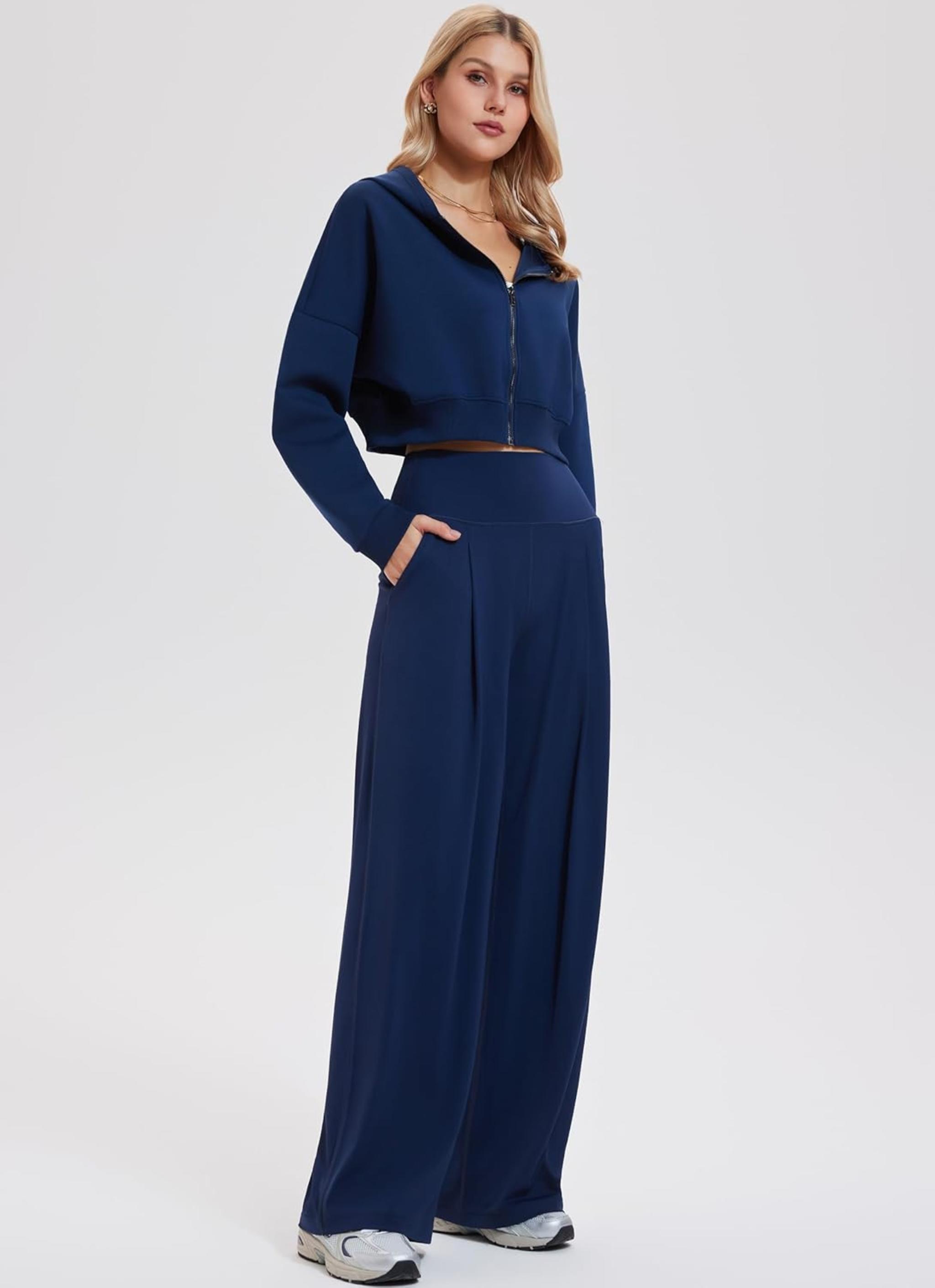 Women's 2 Piece Fall Travel Set: Zip-Up Tracksuit with High Waist Wide Leg Pants