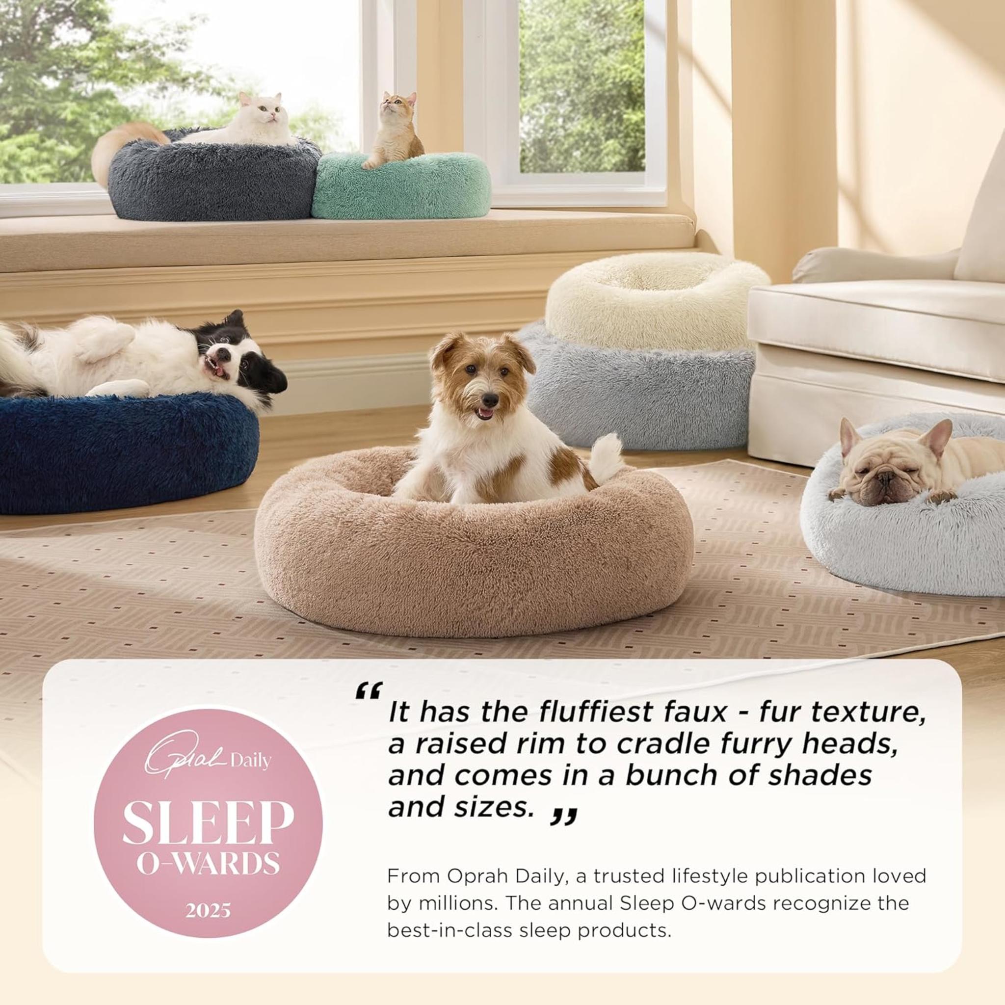 Calming Donut Dog Bed, 30-inch Washable Round Faux Fur Pet Bed for Medium Dogs up to 45 lbs
