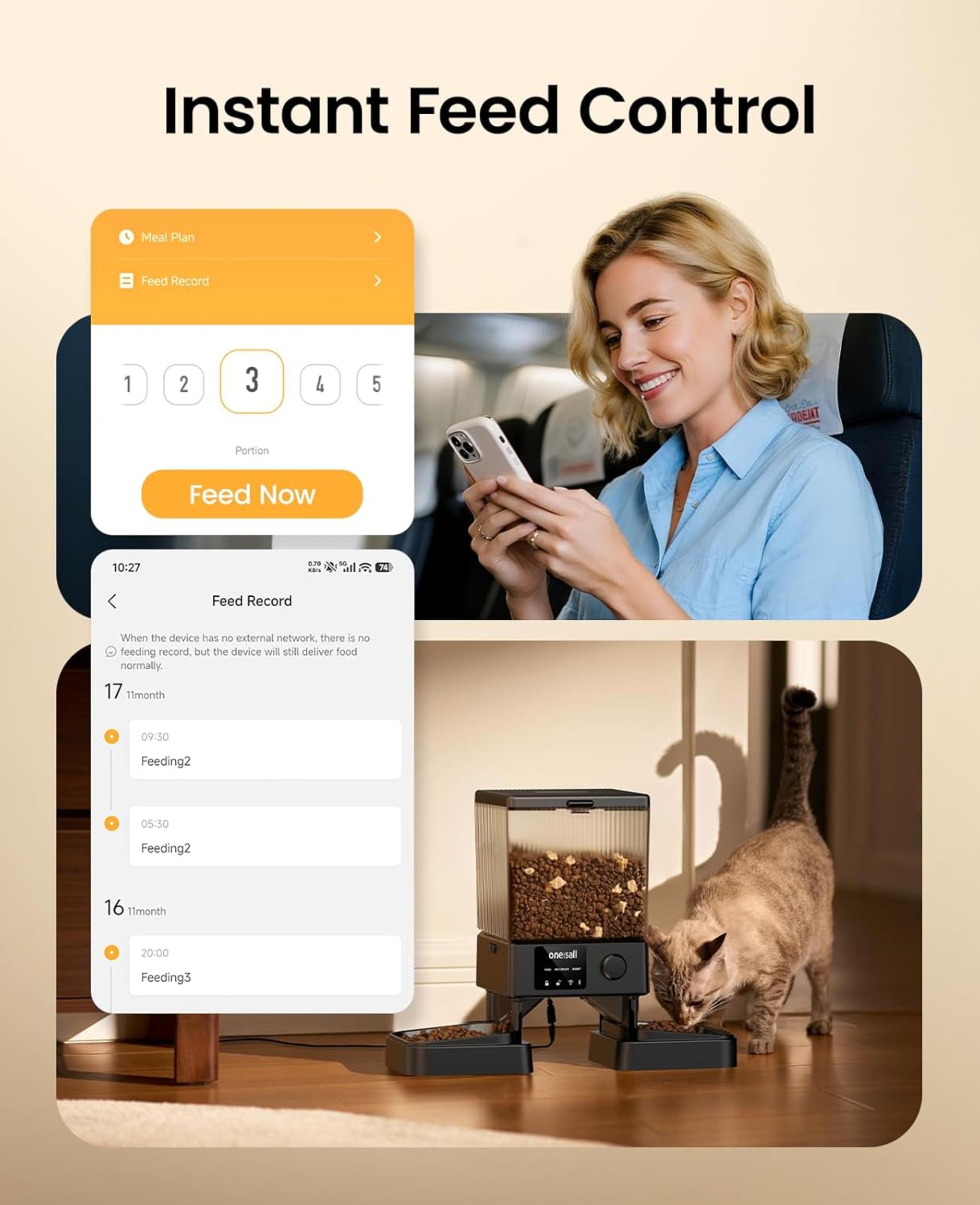 Automatic Cat Feeder with 5G WiFi, 5L Timed Food Dispenser for 2 Cats with App Control