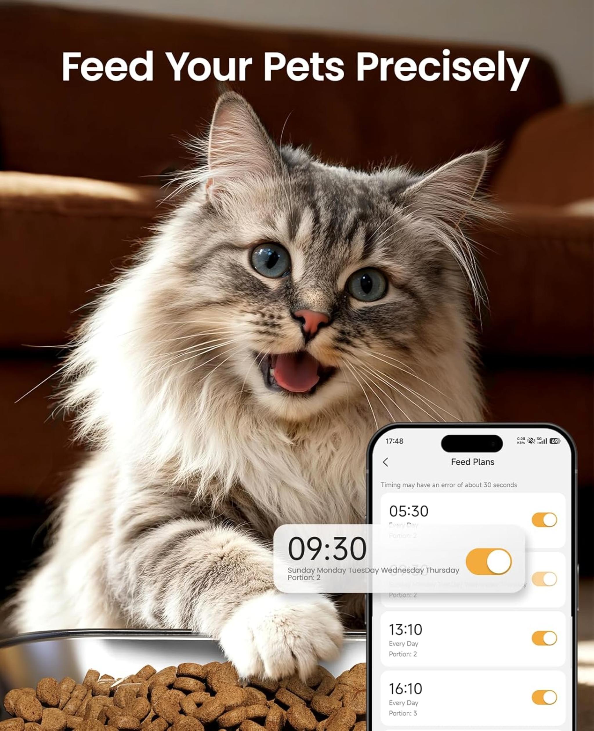 Automatic Cat Feeder with 5G WiFi, 5L Timed Food Dispenser for 2 Cats with App Control