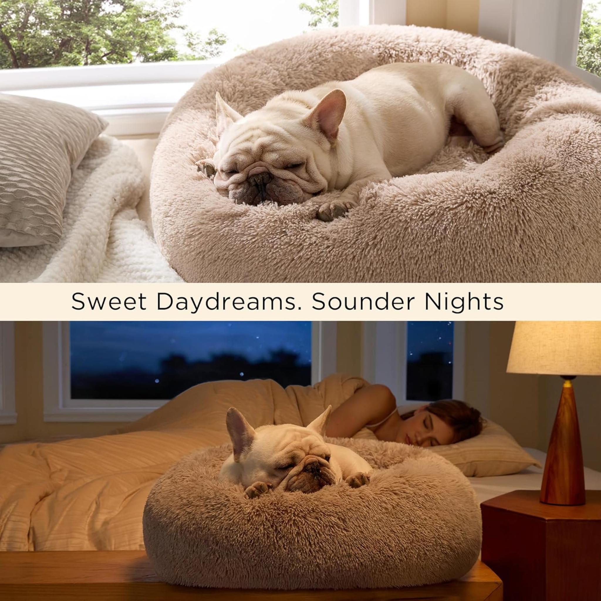 Calming Donut Dog Bed, 30-inch Washable Round Faux Fur Pet Bed for Medium Dogs up to 45 lbs