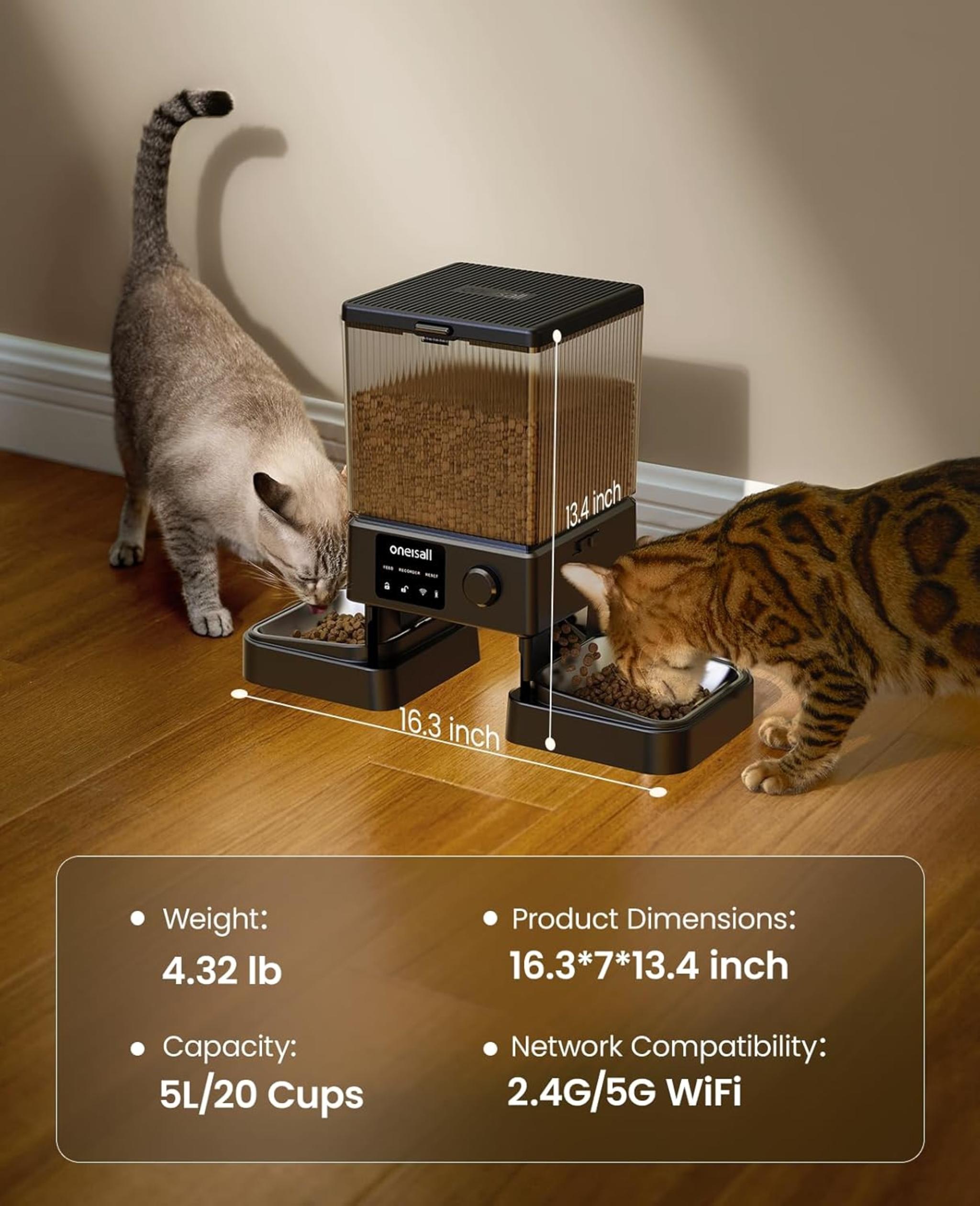 Automatic Cat Feeder with 5G WiFi, 5L Timed Food Dispenser for 2 Cats with App Control