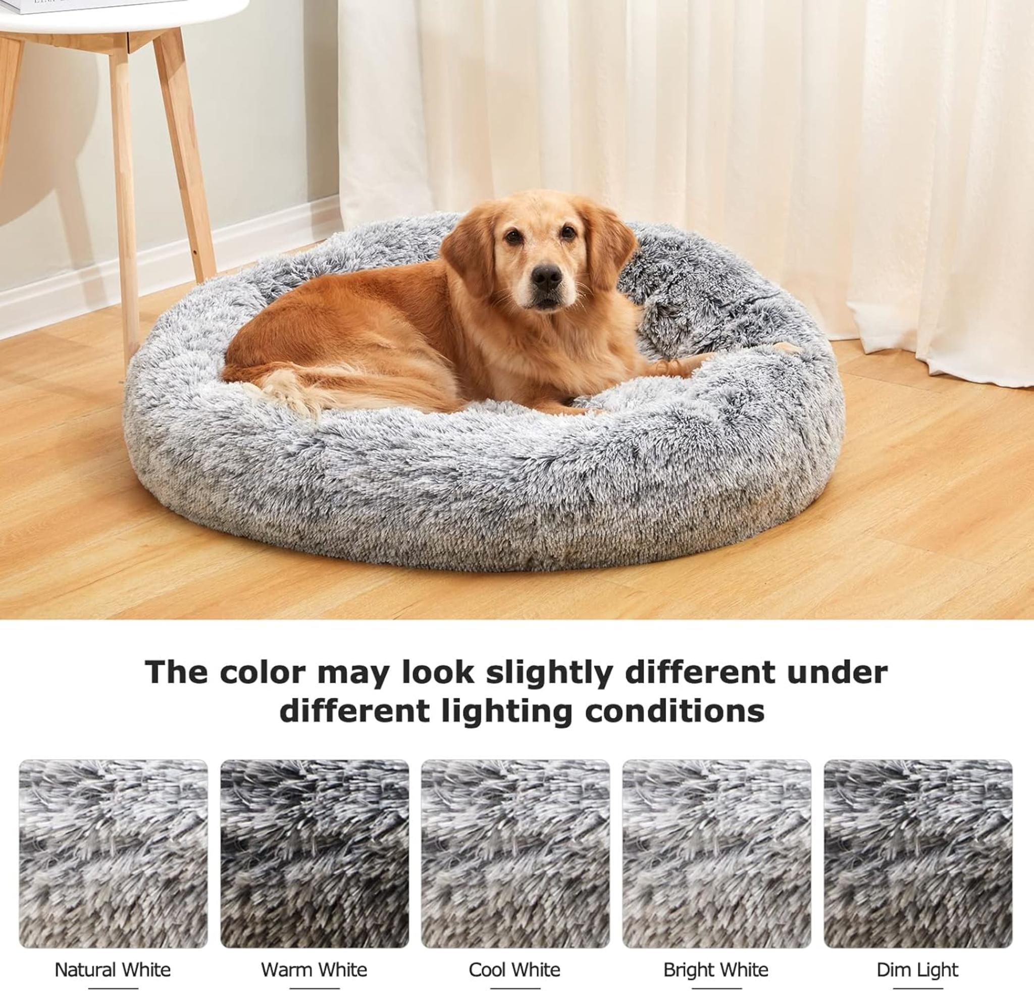 Calming Donut Dog Bed, 36-Inch Round Fluffy Plush Bed for Large Dogs, Anti-Anxiety & Washable