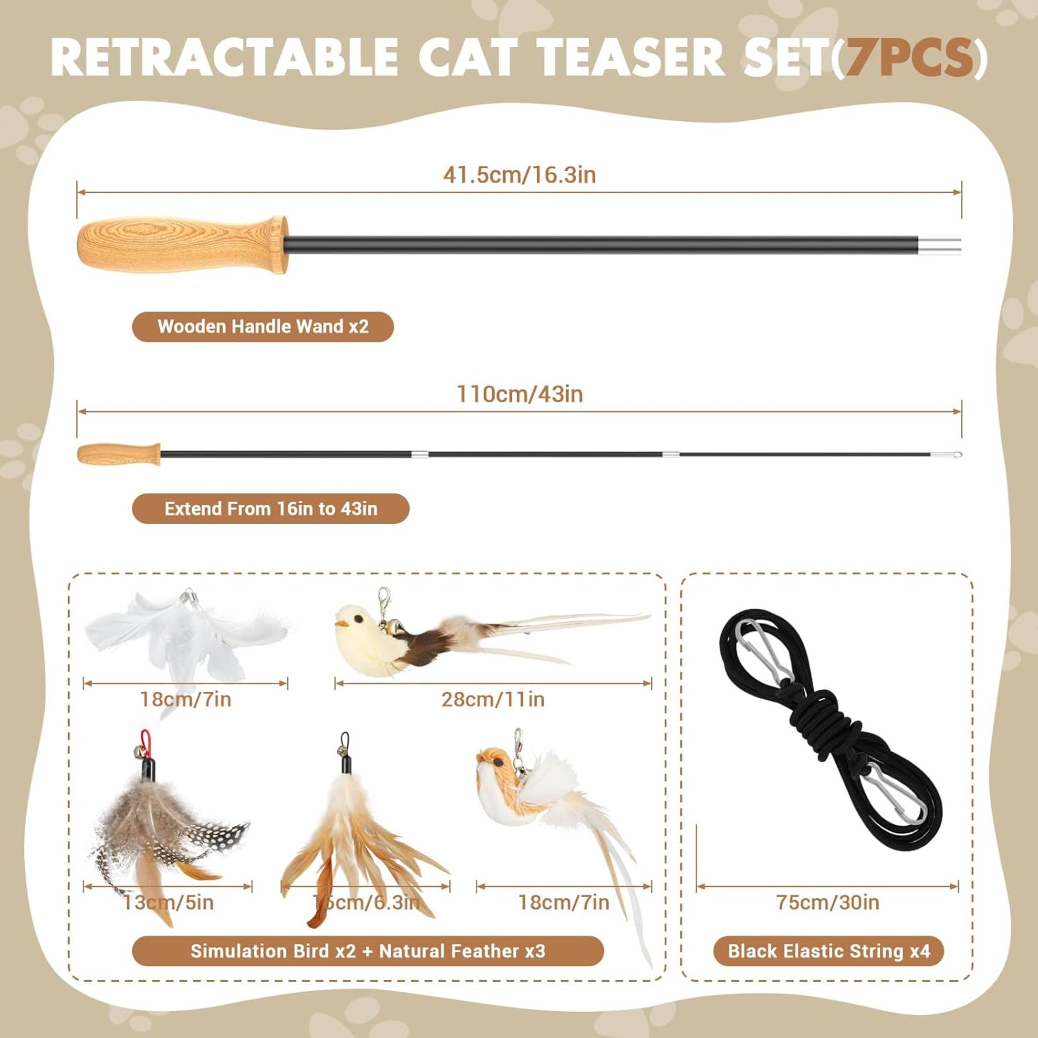 Interactive Cat Teaser Wand Toy with 43'' Retractable Fishing Pole and 5 Natural Feather Refills