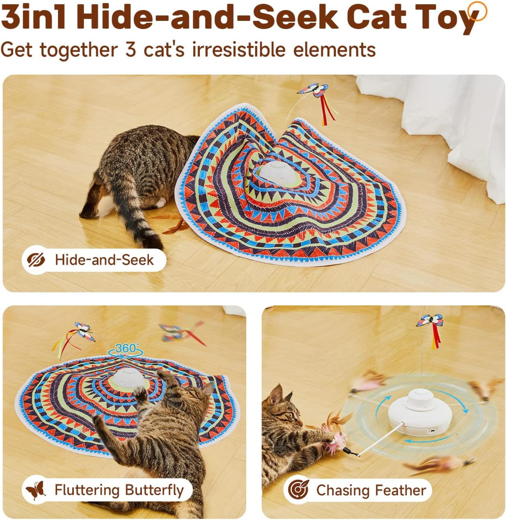 3-in-1 Automatic Interactive Cat Toy with Fluttering Butterfly and Hide-and-Seek Feather