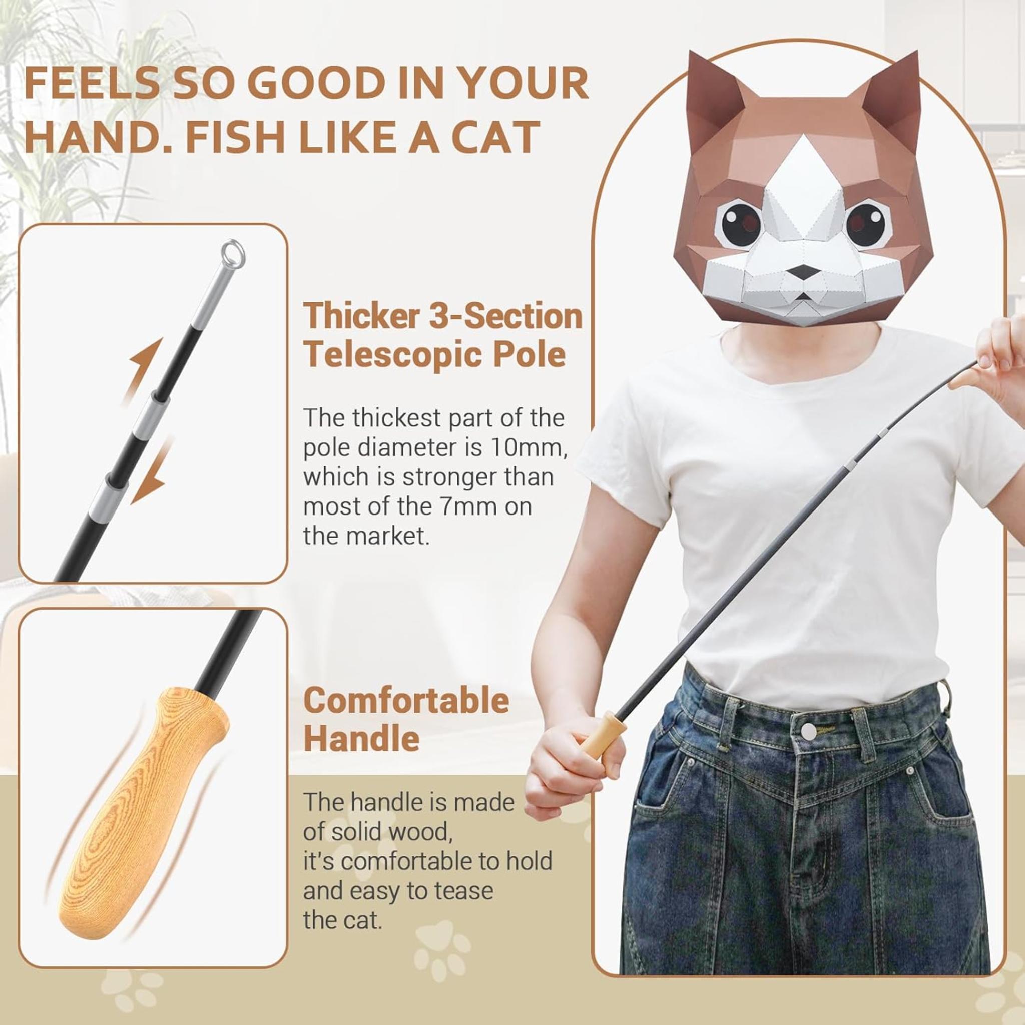 Interactive Cat Teaser Wand Toy with 43'' Retractable Fishing Pole and 5 Natural Feather Refills