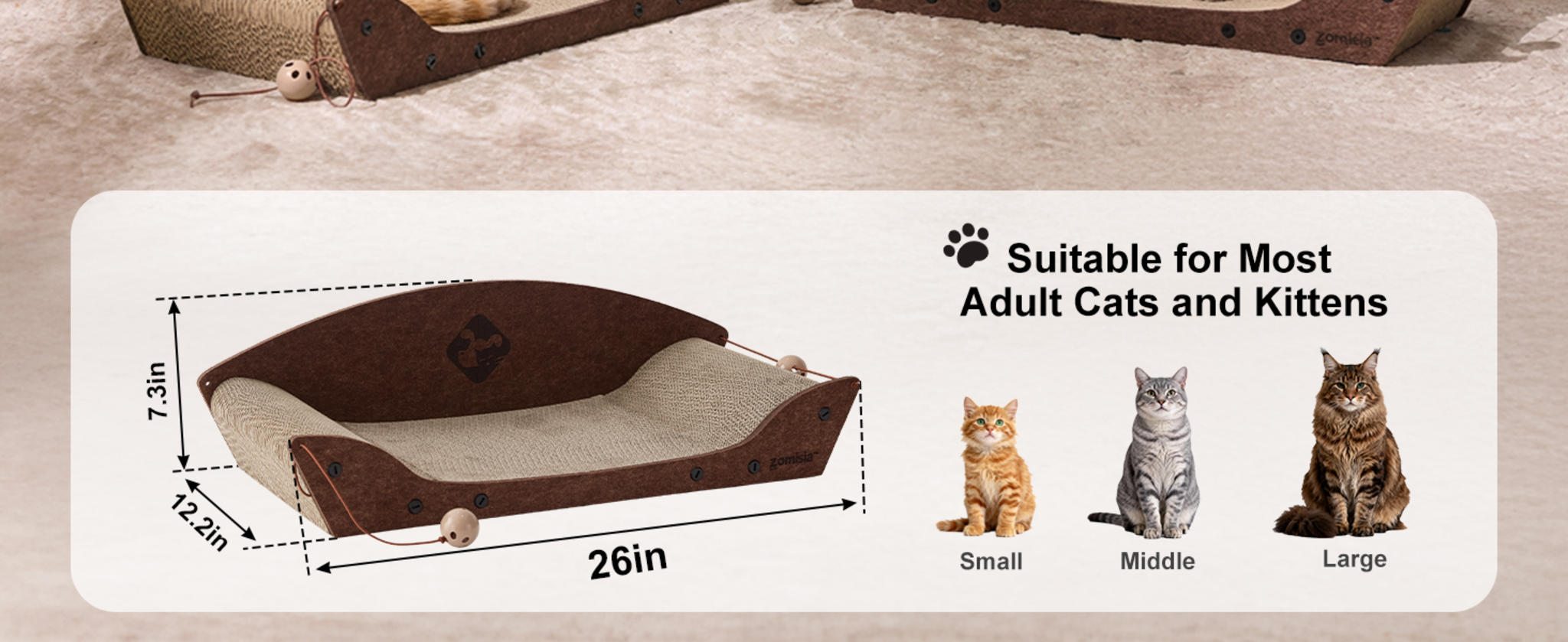 26'' Large Cat Scratcher Couch with Orthopedic Armrests and Bell Toys image 10