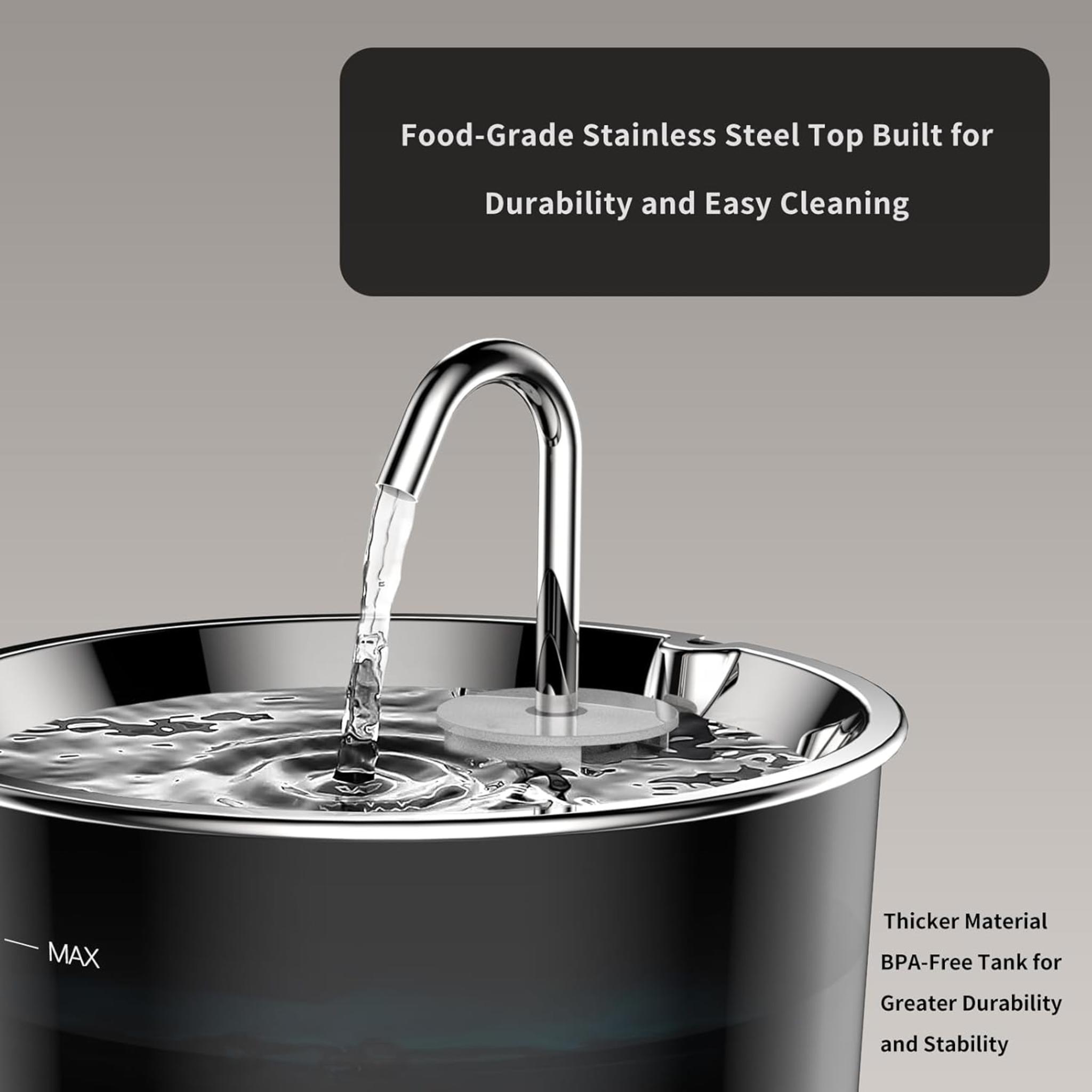 3L Stainless Steel Cat Water Fountain with 5-Stage Filtration and LED Light