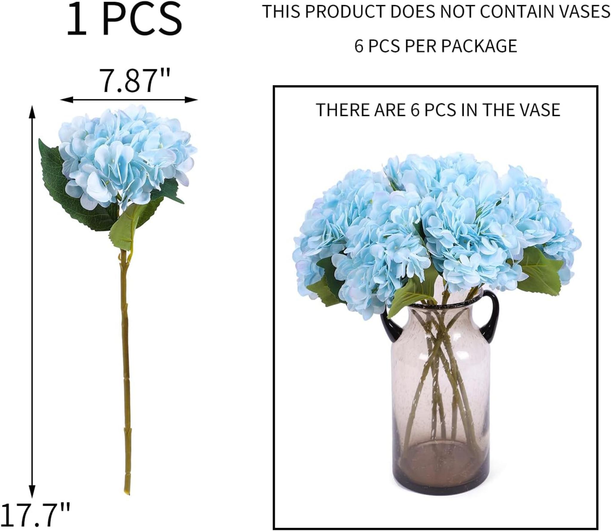6pcs Blue Artificial Hydrangea Flowers with Stems, Silk Faux Hydrangeas for Wedding and Home Decor