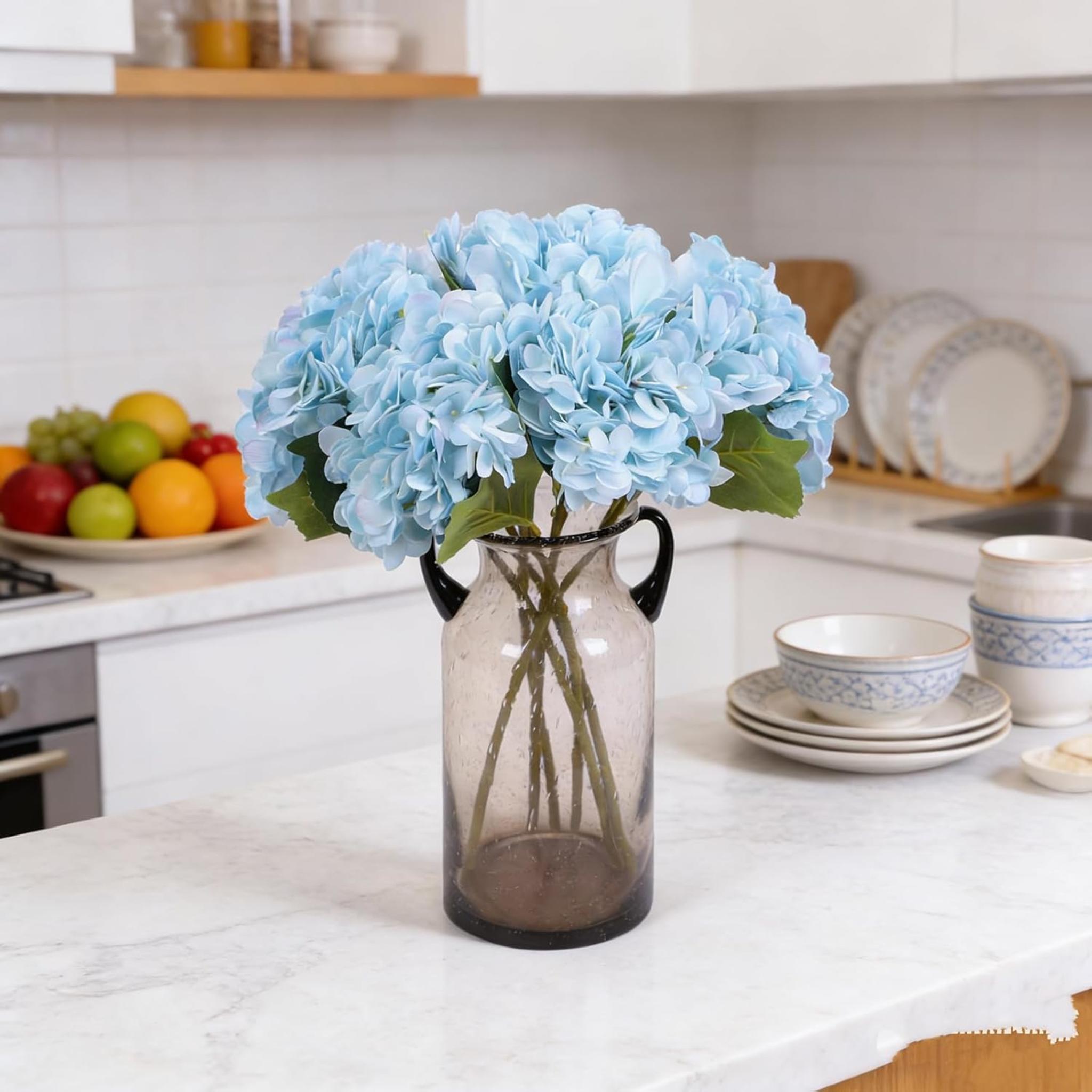 6pcs Blue Artificial Hydrangea Flowers with Stems, Silk Faux Hydrangeas for Wedding and Home Decor