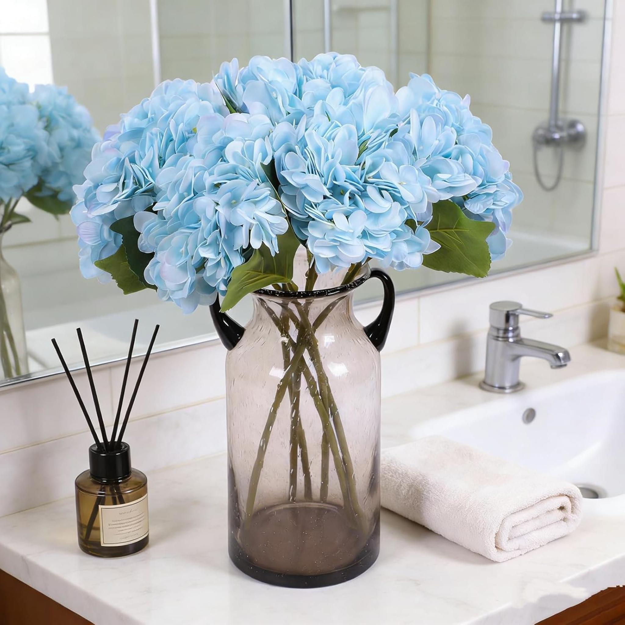 6pcs Blue Artificial Hydrangea Flowers with Stems, Silk Faux Hydrangeas for Wedding and Home Decor